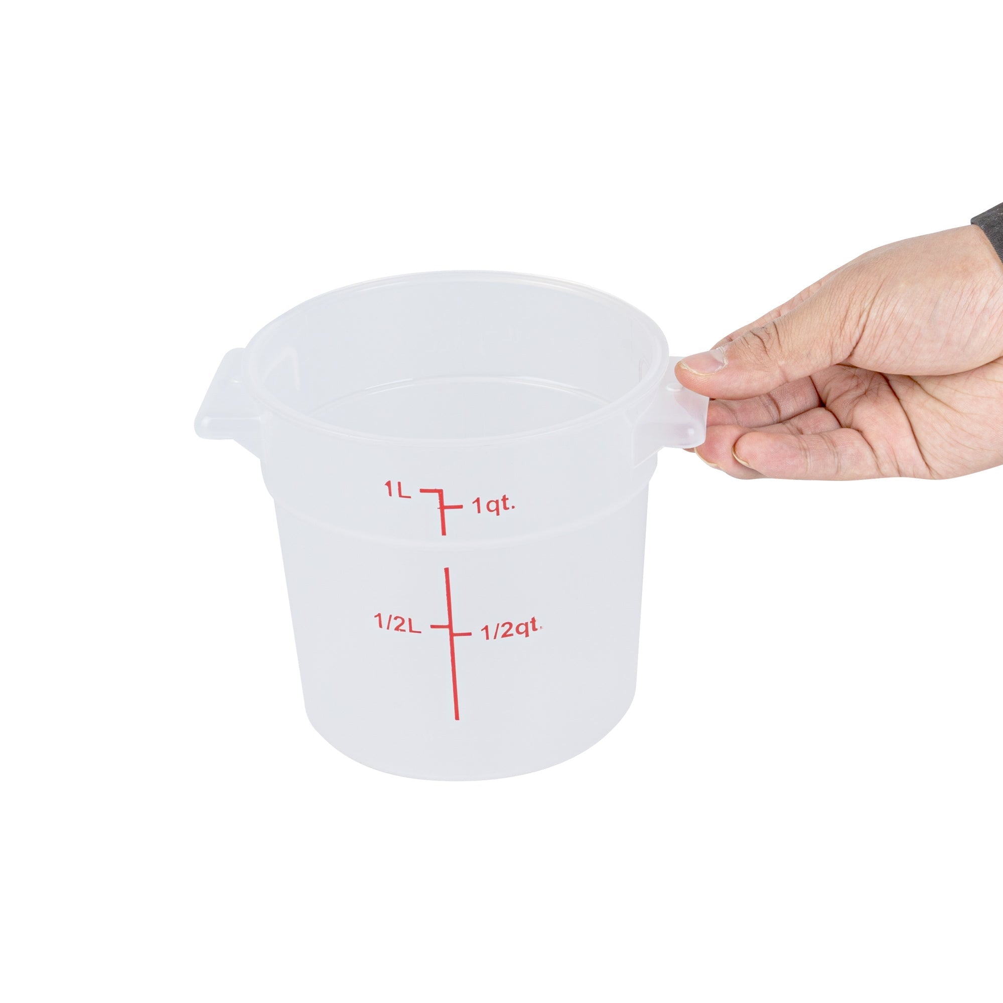 Met Lux 1 qt Round Translucent Plastic Food Storage Container - with Red Volume Markers - 5" x 5" x 5" - 10 count box