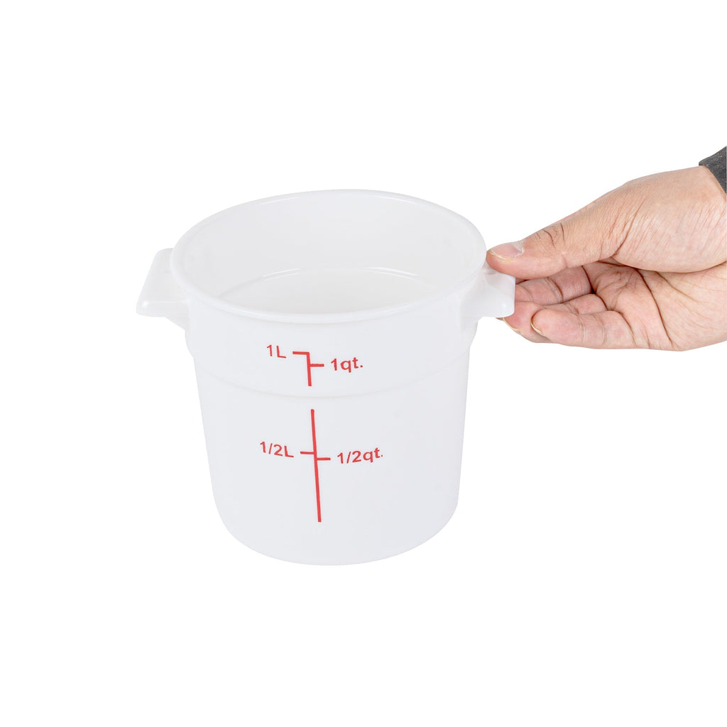 Met Lux 1 qt Round White Plastic Food Storage Container - with Red Volume Markers - 5" x 5" x 5" - 10 count box