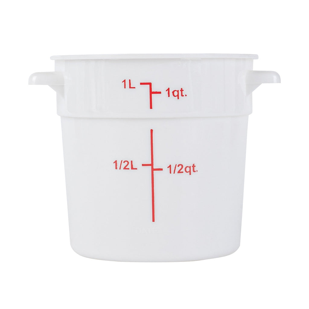 Met Lux 1 qt Round White Plastic Food Storage Container - with Red Volume Markers - 5" x 5" x 5" - 10 count box
