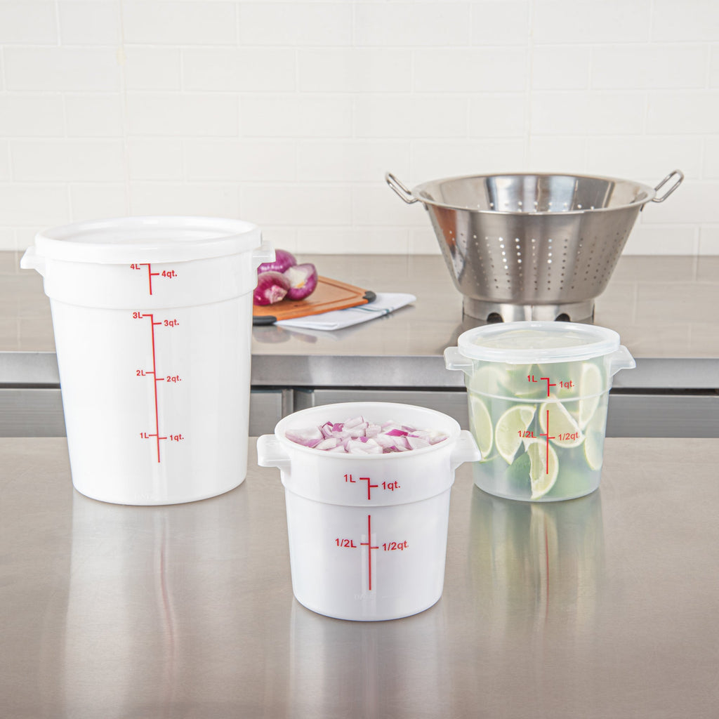 Met Lux 1 qt Round White Plastic Food Storage Container - with Red Volume Markers - 5" x 5" x 5" - 10 count box
