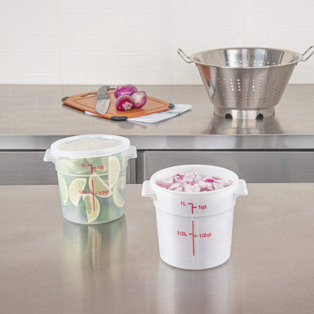 Met Lux 1 qt Round White Plastic Food Storage Container - with Red Volume Markers - 5" x 5" x 5" - 10 count box