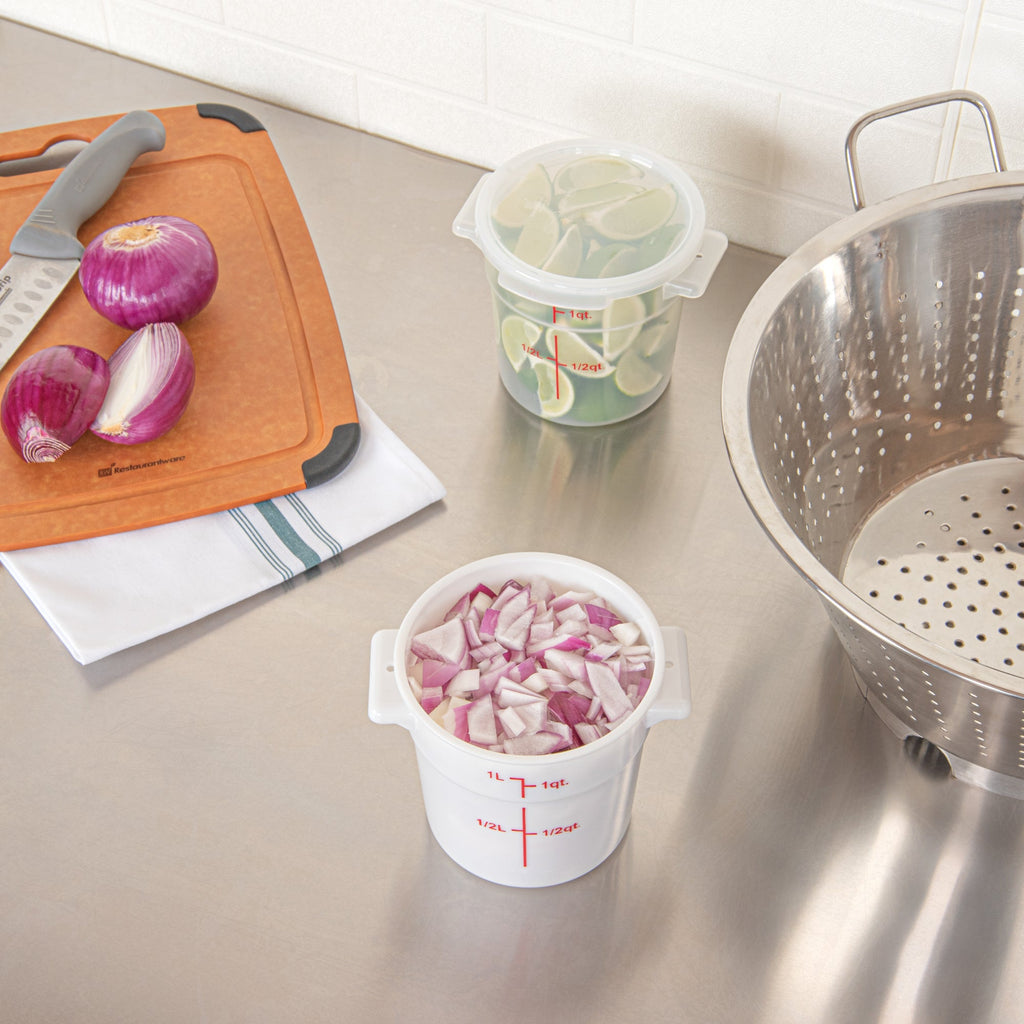 Met Lux 1 qt Round White Plastic Food Storage Container - with Red Volume Markers - 5" x 5" x 5" - 10 count box