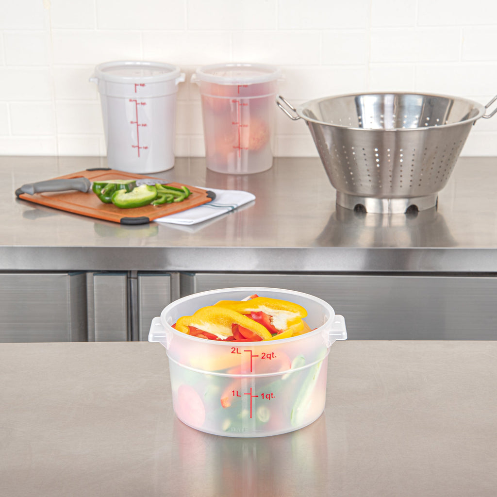 Met Lux 2 qt Round Translucent Plastic Food Storage Container - with Red Volume Markers - 7 1/4" x 7 1/4" x 4 1/4" - 1 count box
