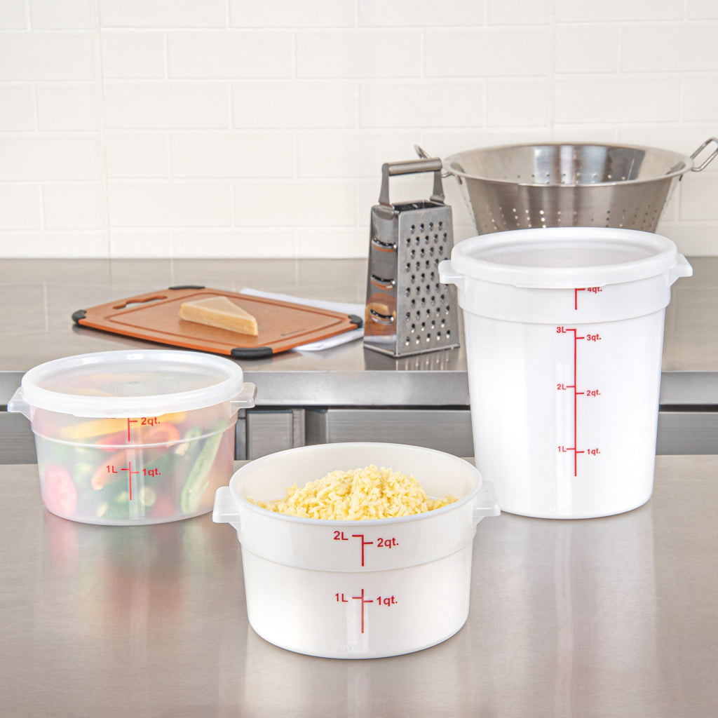Met Lux 2 qt Round White Plastic Food Storage Container - with Red Volume Markers - 7 1/4" x 7 1/4" x 4 1/4" - 10 count box