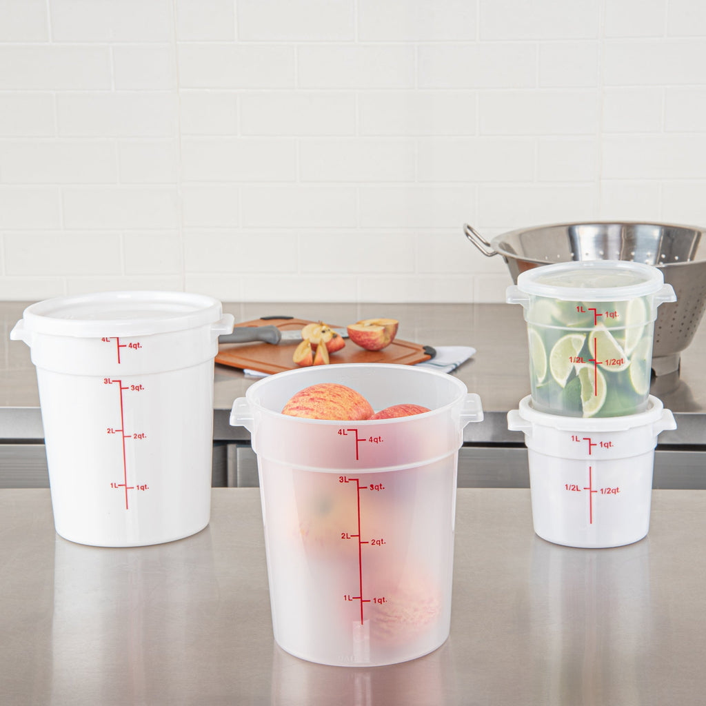Met Lux 4 qt Round Translucent Plastic Food Storage Container - with Red Volume Markers - 7 1/4" x 7 1/4" x 8 1/2" - 1 count box