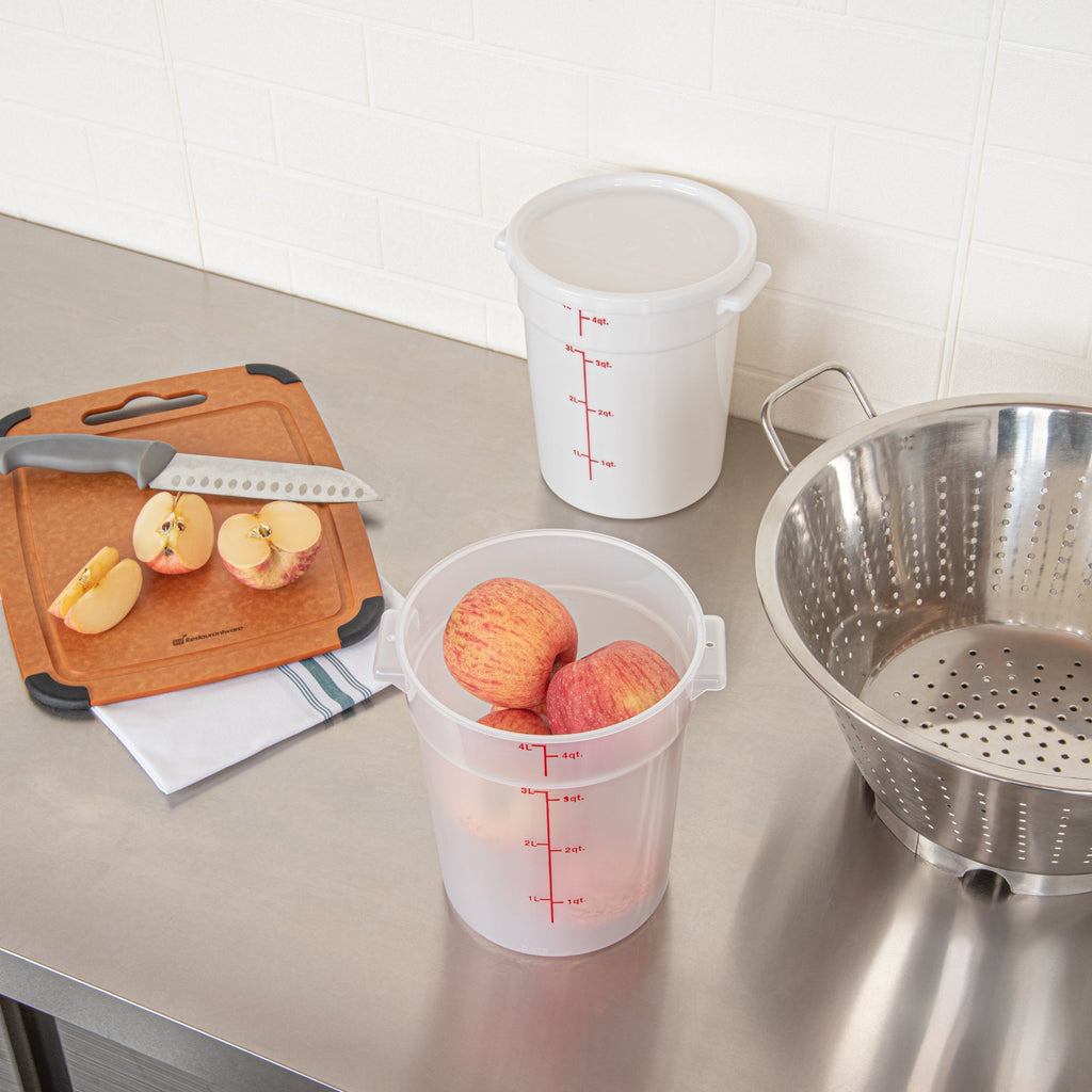 Met Lux 4 qt Round Translucent Plastic Food Storage Container - with Red Volume Markers - 7 1/4" x 7 1/4" x 8 1/2" - 10 count box