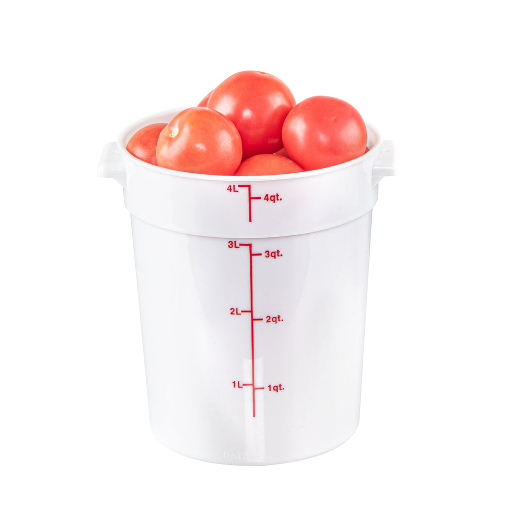 Met Lux 4 qt Round White Plastic Food Storage Container - with Red Volume Markers - 7 1/4" x 7 1/4" x 8 1/2" - 1 count box