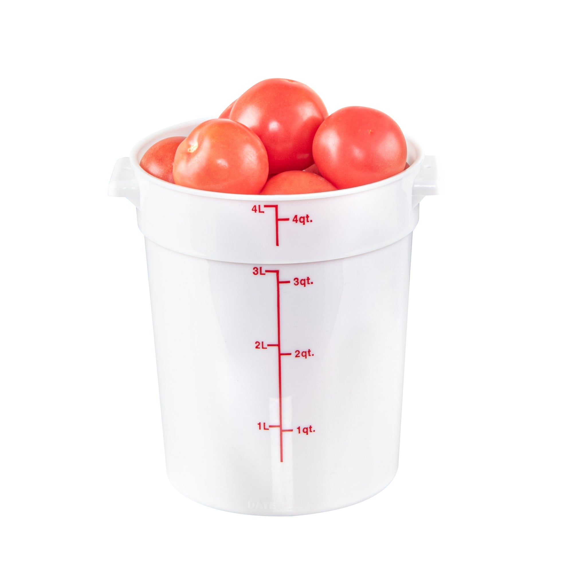 Met Lux 4 qt Round White Plastic Food Storage Container - with Red Volume Markers - 7 1/4" x 7 1/4" x 8 1/2" - 1 count box