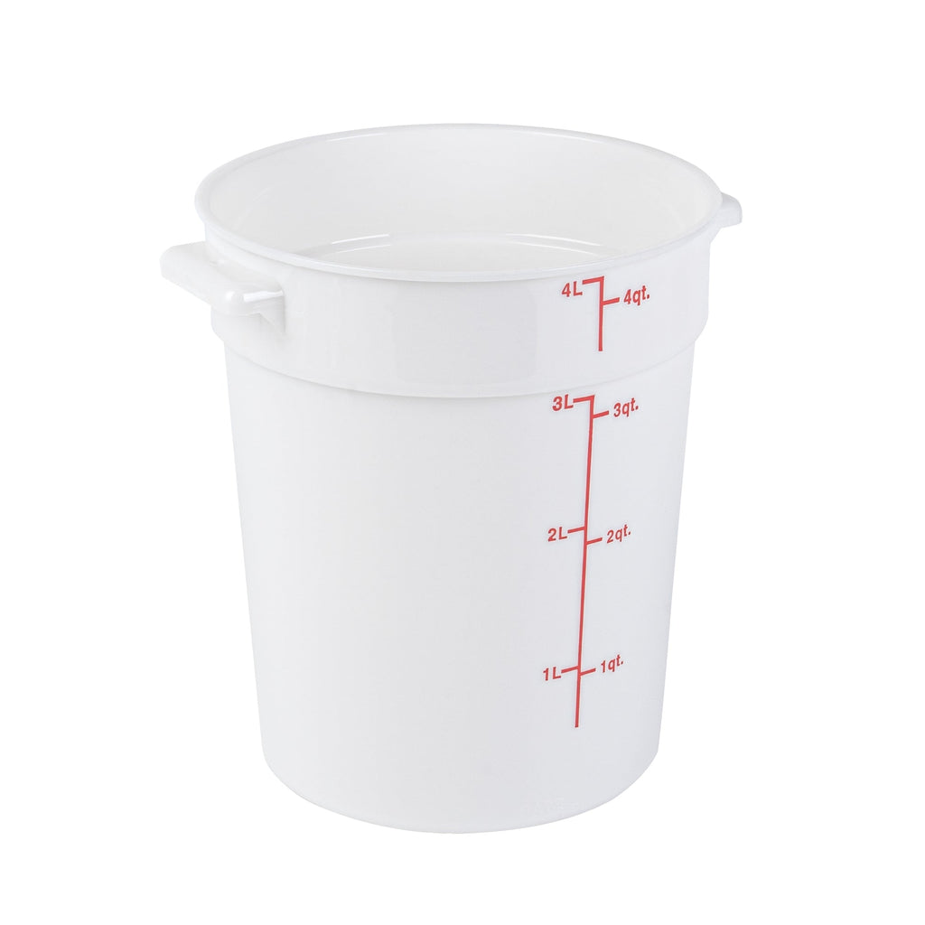 Met Lux 4 qt Round White Plastic Food Storage Container - with Red Volume Markers - 7 1/4" x 7 1/4" x 8 1/2" - 1 count box