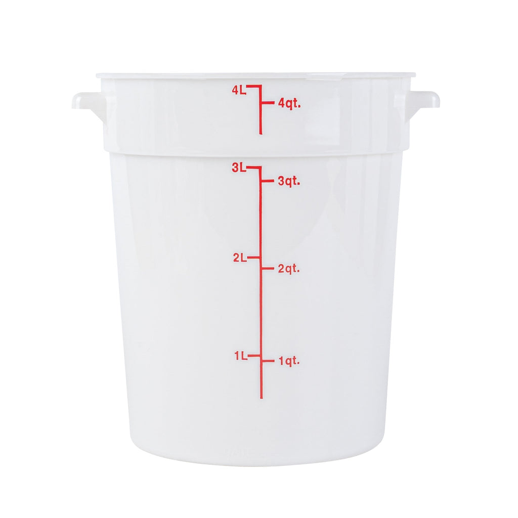 Met Lux 4 qt Round White Plastic Food Storage Container - with Red Volume Markers - 7 1/4" x 7 1/4" x 8 1/2" - 1 count box