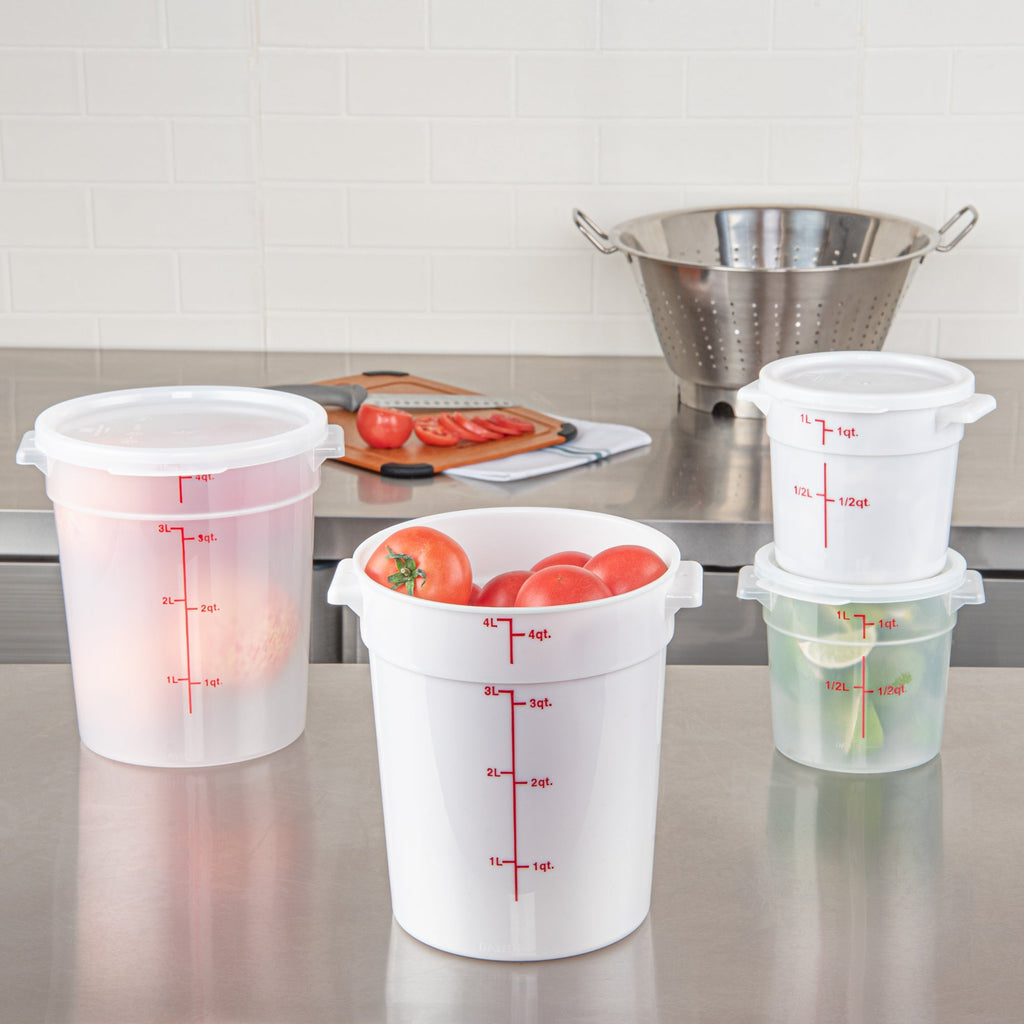 Met Lux 4 qt Round White Plastic Food Storage Container - with Red Volume Markers - 7 1/4" x 7 1/4" x 8 1/2" - 1 count box