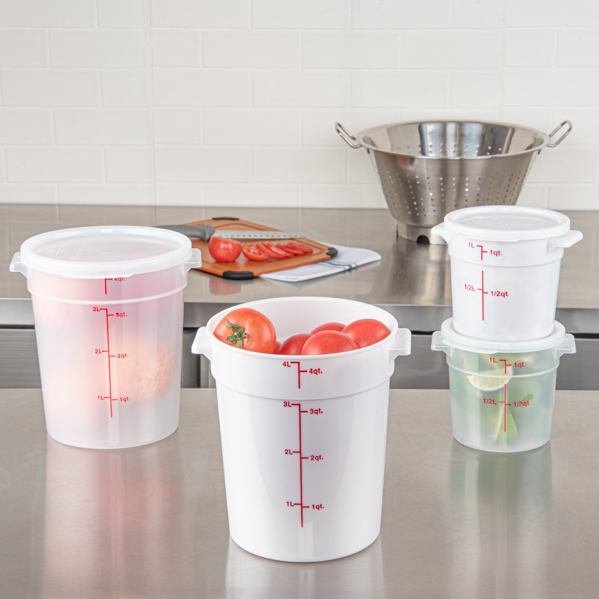 Met Lux 4 qt Round White Plastic Food Storage Container - with Red Volume Markers - 7 1/4" x 7 1/4" x 8 1/2" - 1 count box
