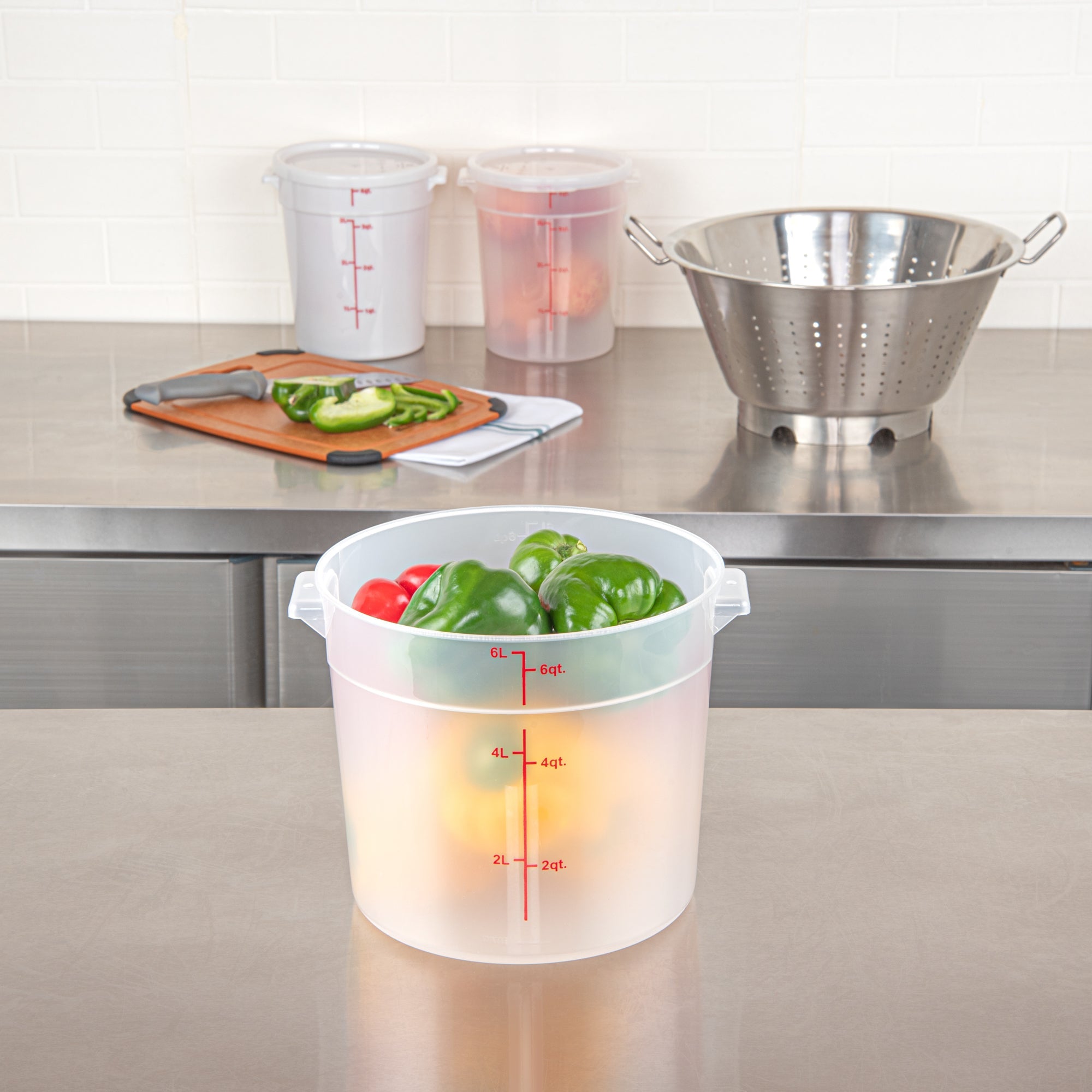 Met Lux 6 qt Round Translucent Plastic Food Storage Container - with Red Volume Markers - 8 3/4" x 8 3/4" x 7 3/4" - 1 count box