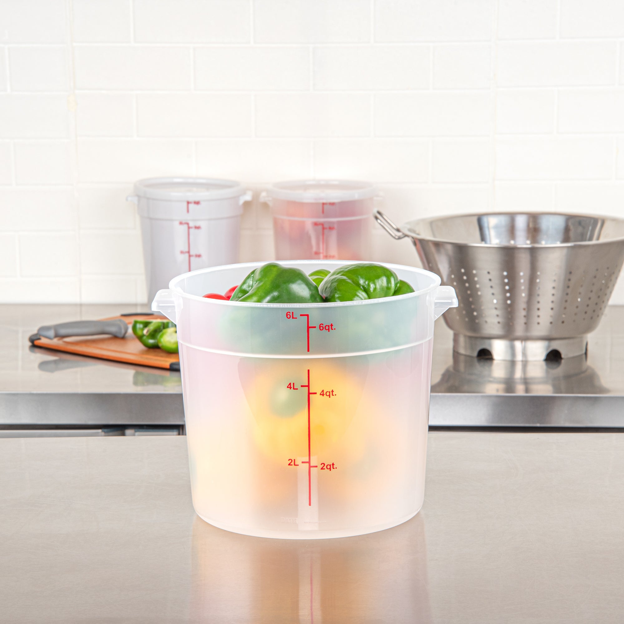 Met Lux 6 qt Round Translucent Plastic Food Storage Container - with Red Volume Markers - 8 3/4" x 8 3/4" x 7 3/4" - 10 count box