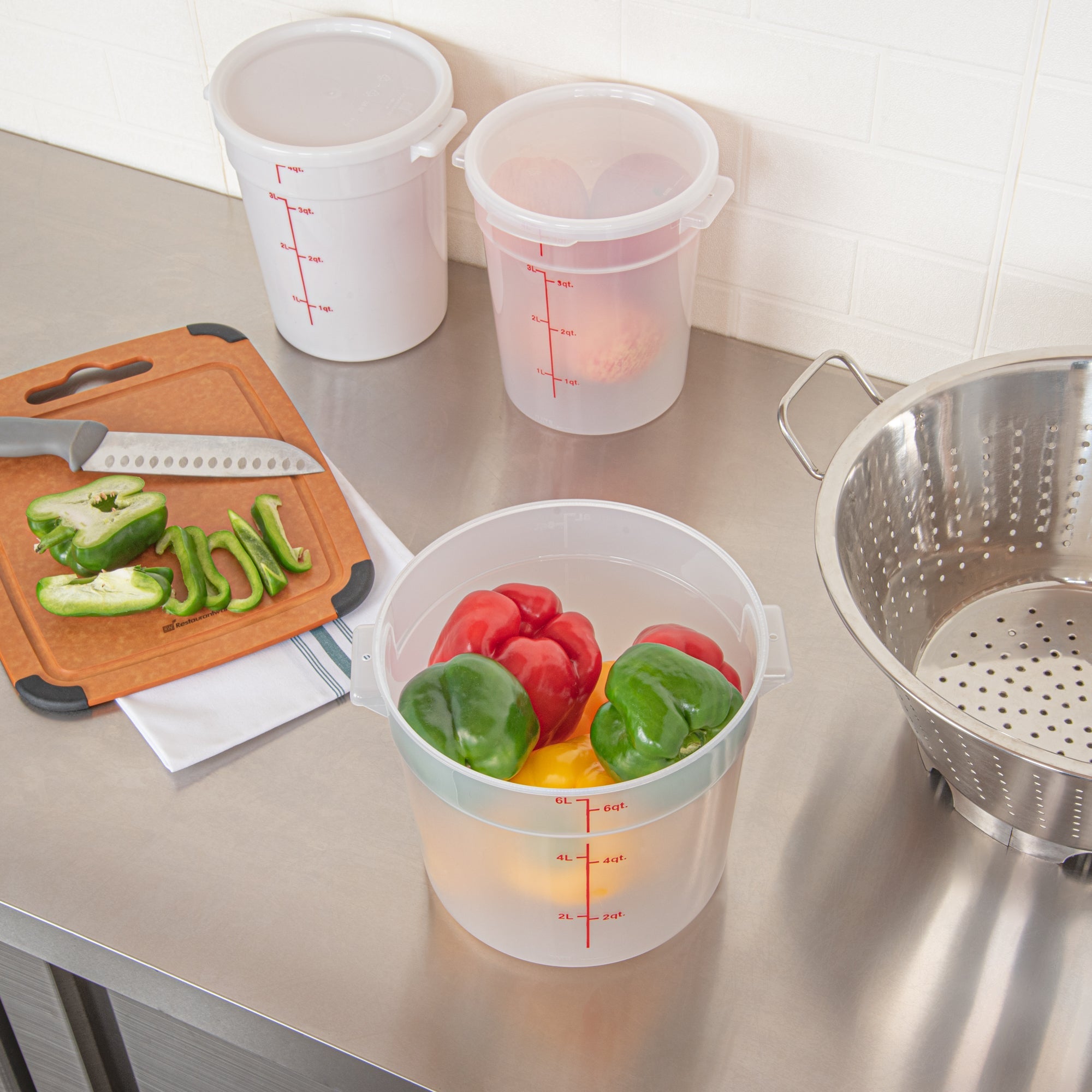 Met Lux 6 qt Round Translucent Plastic Food Storage Container - with Red Volume Markers - 8 3/4" x 8 3/4" x 7 3/4" - 10 count box