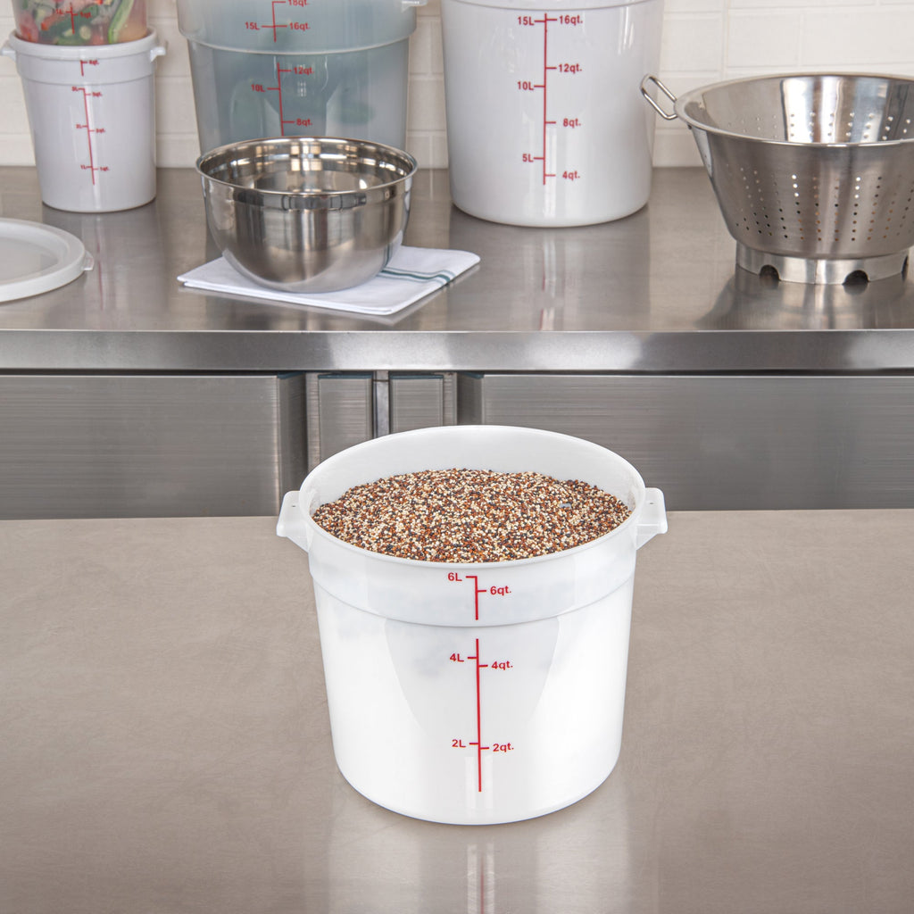 Met Lux 6 qt Round White Plastic Food Storage Container - with Red Volume Markers - 8 3/4" x 8 3/4" x 7 3/4" - 1 count box