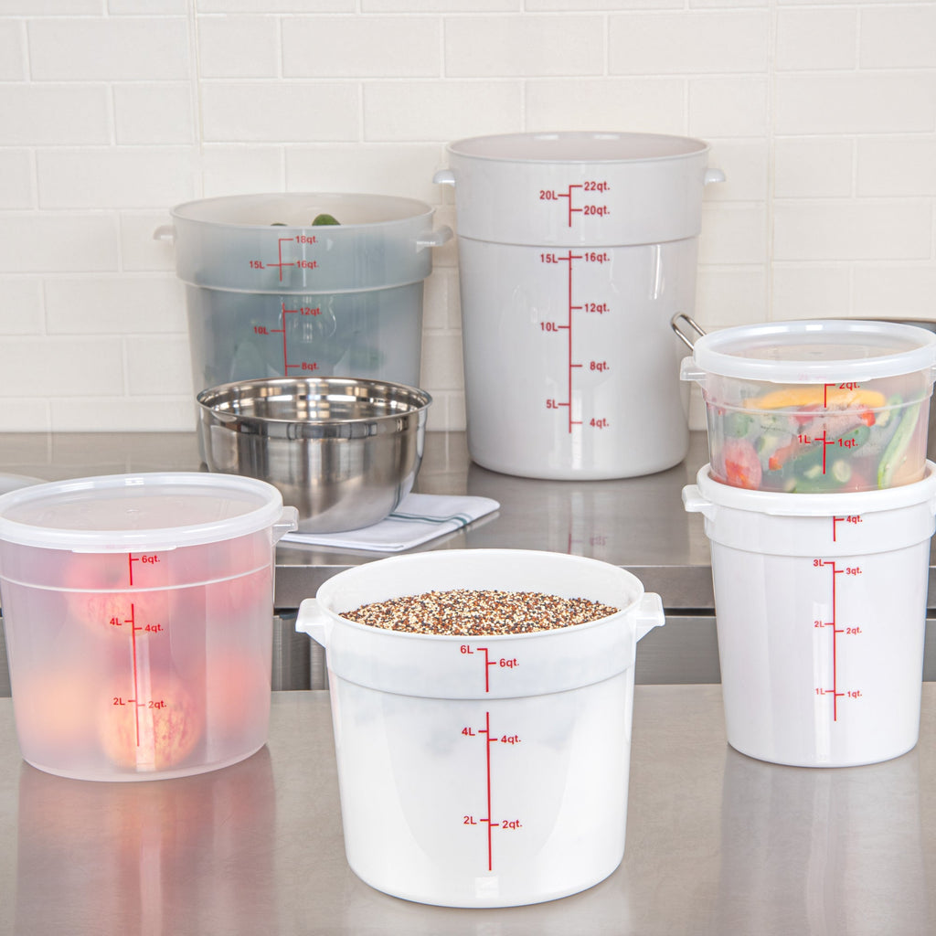 Met Lux 6 qt Round White Plastic Food Storage Container - with Red Volume Markers - 8 3/4" x 8 3/4" x 7 3/4" - 1 count box