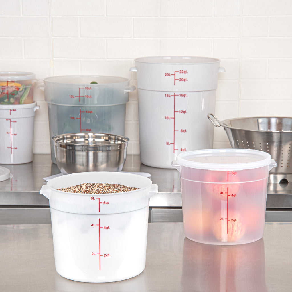 Met Lux 6 qt Round White Plastic Food Storage Container - with Red Volume Markers - 8 3/4" x 8 3/4" x 7 3/4" - 10 count box
