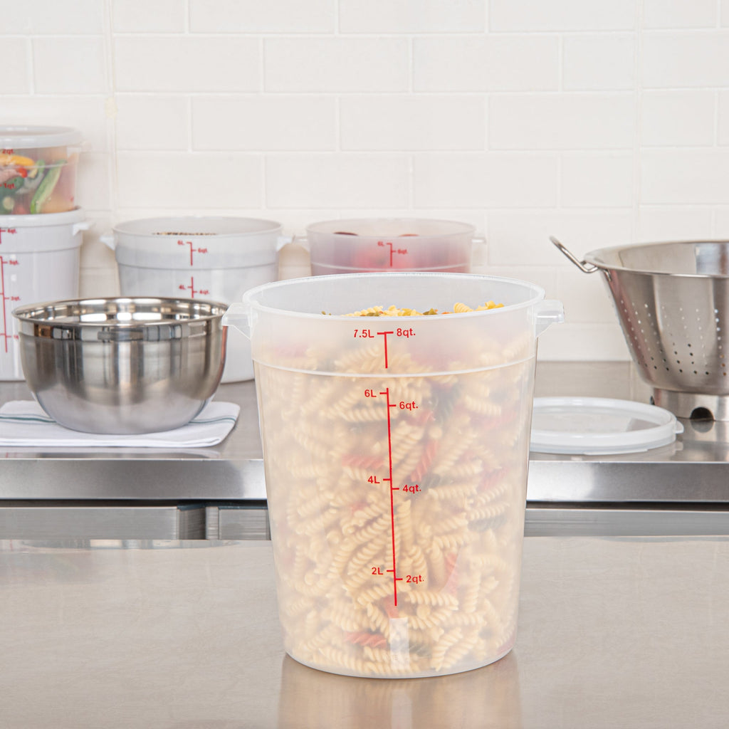 Met Lux 8 qt Round Translucent Plastic Food Storage Container - with Red Volume Markers - 8 3/4" x 8 3/4" x 10 3/4" - 10 count box