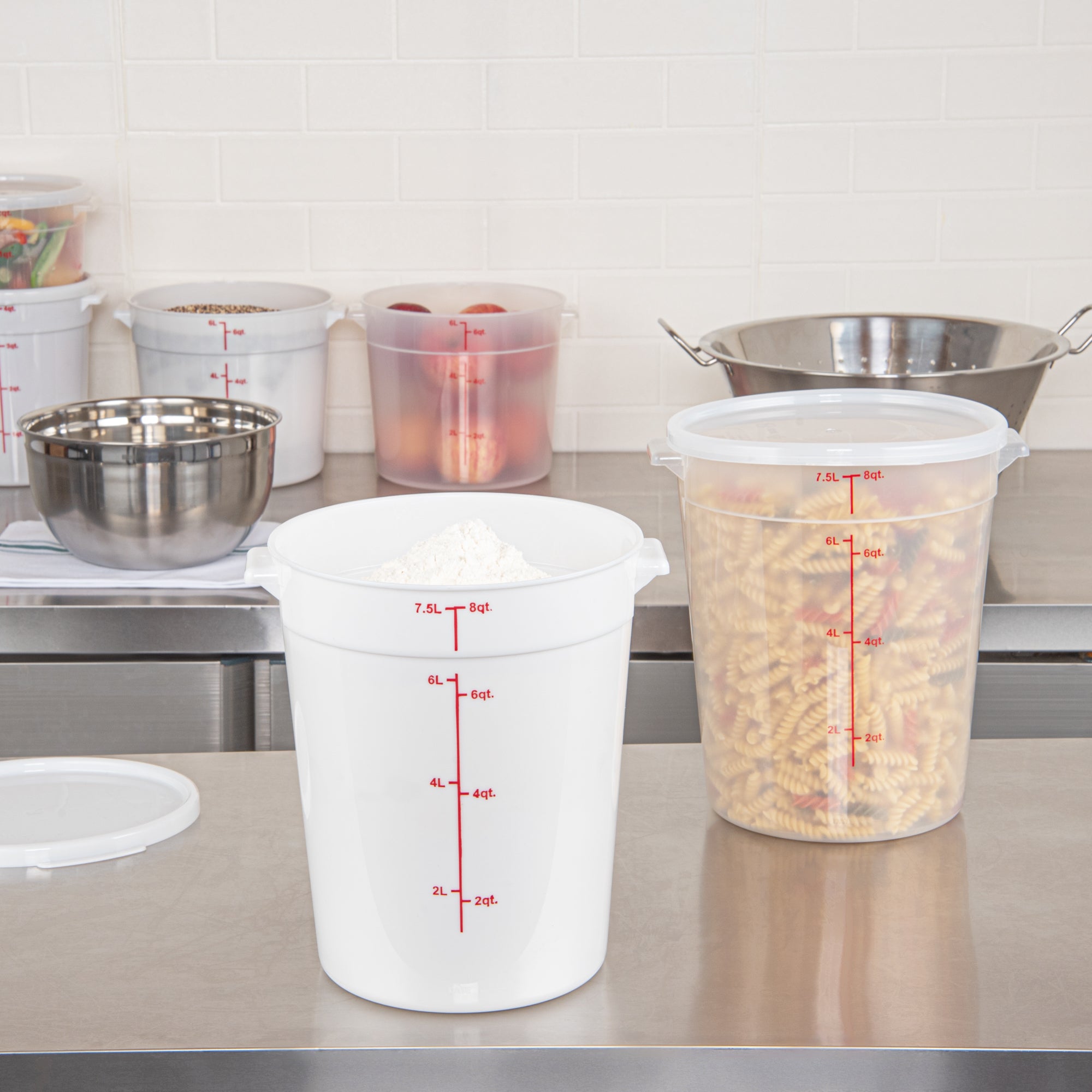 Met Lux 8 qt Round White Plastic Food Storage Container - with Red Volume Markers - 8 3/4" x 8 3/4" x 10 3/4" - 1 count box