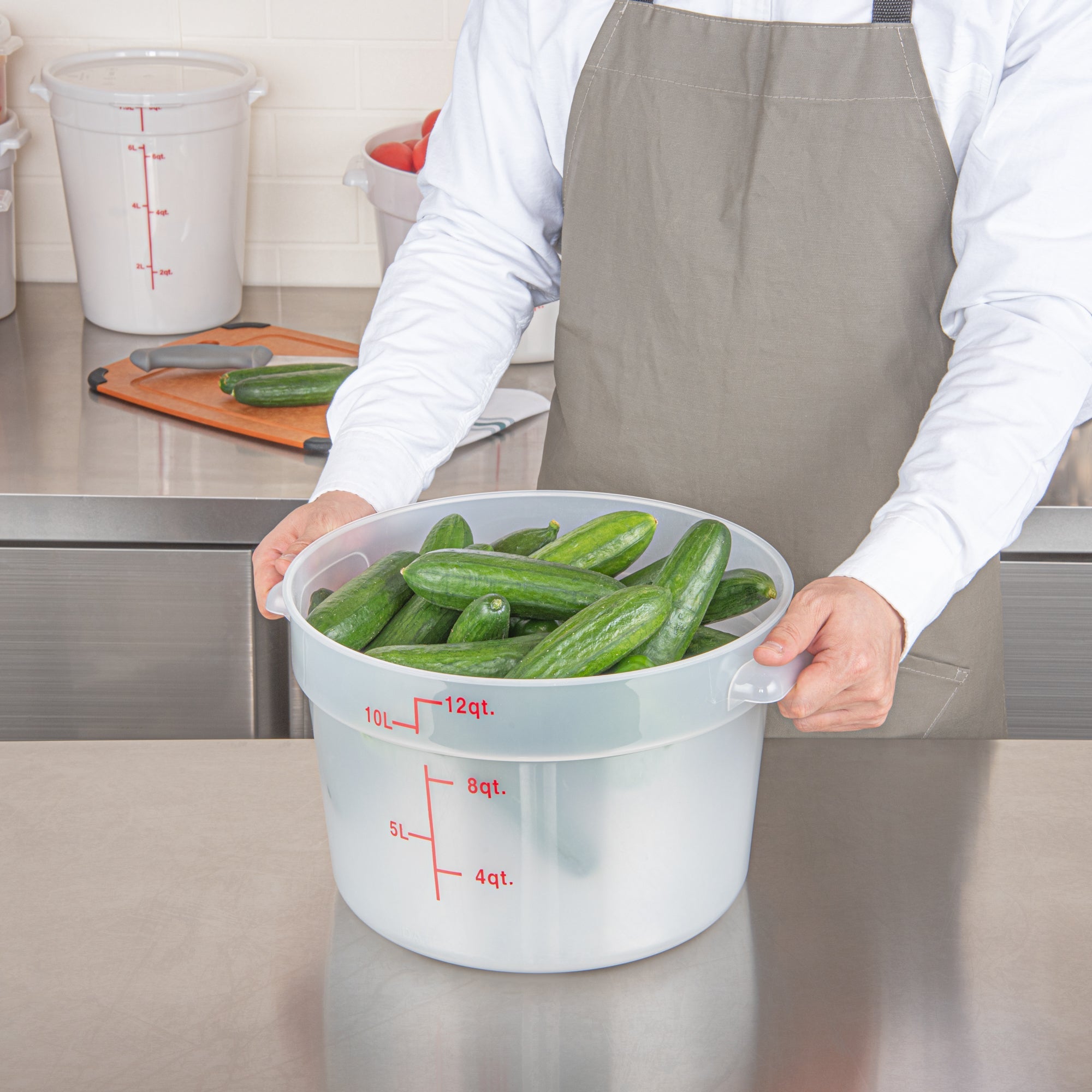 Met Lux 12 qt Round Translucent Plastic Food Storage Container - with Red Volume Markers - 12 1/4" x 12 1/4" x 8" - 10 count box