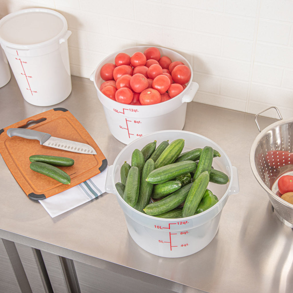 Met Lux 12 qt Round Translucent Plastic Food Storage Container - with Red Volume Markers - 12 1/4" x 12 1/4" x 8" - 10 count box