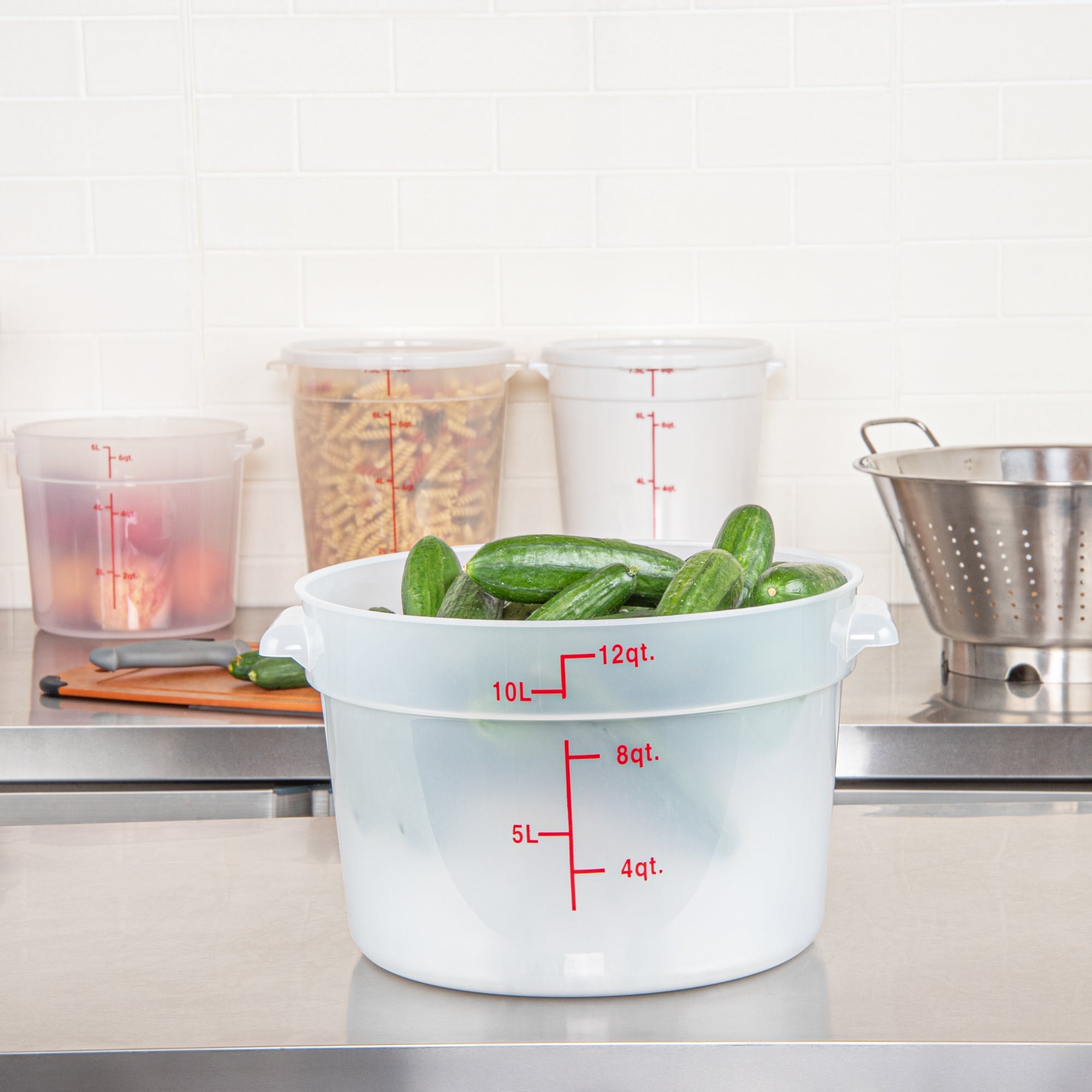 Met Lux 12 qt Round Translucent Plastic Food Storage Container - with Red Volume Markers - 12 1/4" x 12 1/4" x 8" - 10 count box