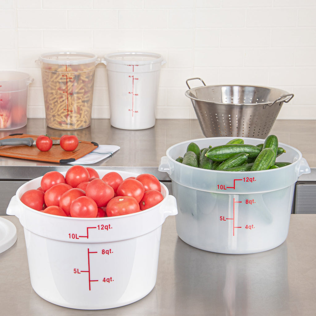 Met Lux 12 qt Round White Plastic Food Storage Container - with Red Volume Markers - 12 1/4" x 12 1/4" x 8" - 10 count box