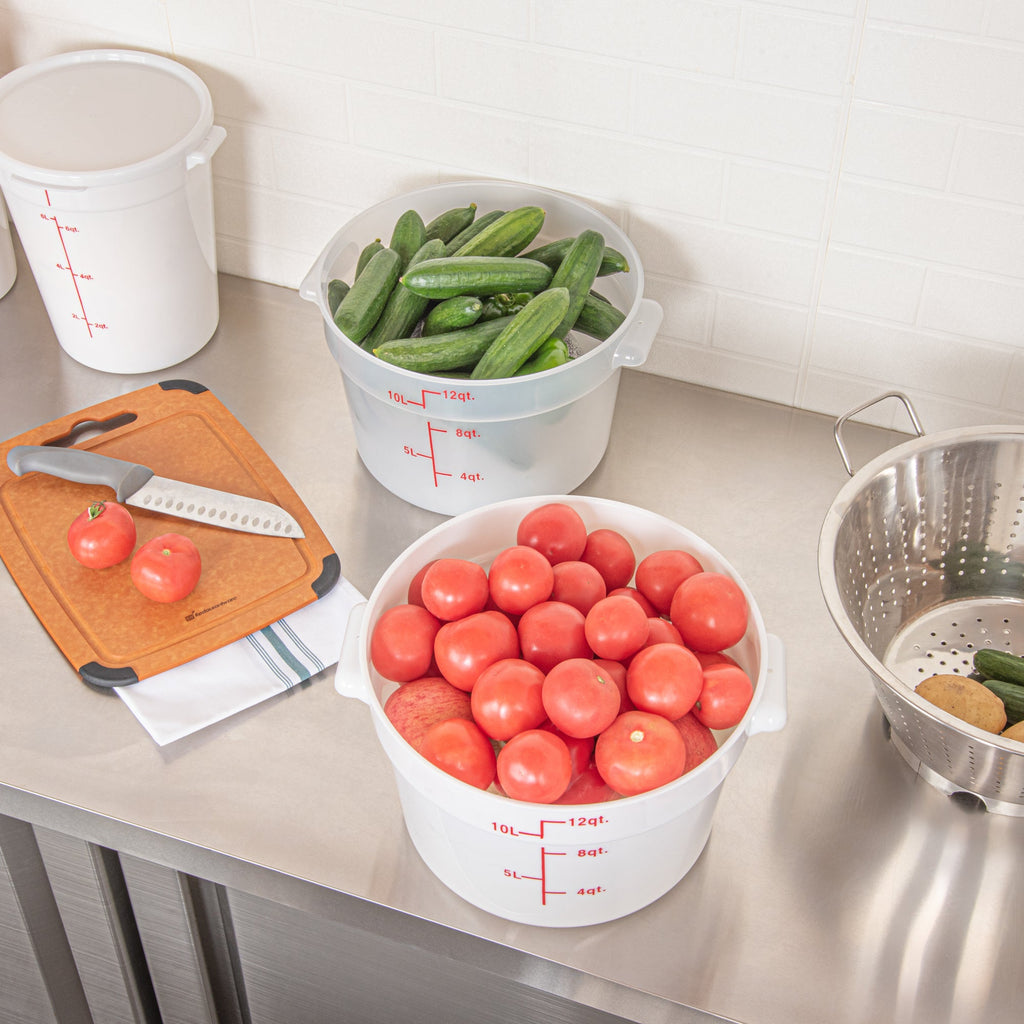 Met Lux 12 qt Round White Plastic Food Storage Container - with Red Volume Markers - 12 1/4" x 12 1/4" x 8" - 10 count box