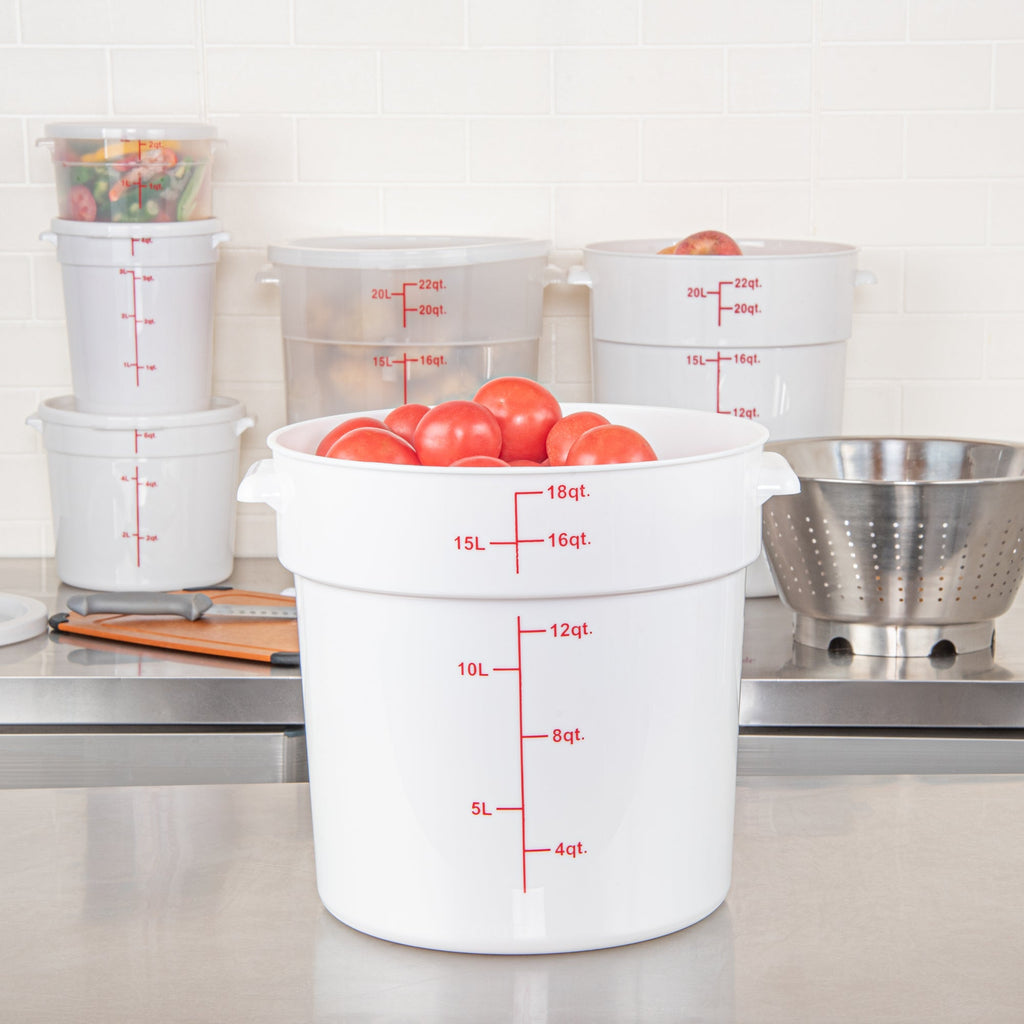 Met Lux 18 qt Round White Plastic Food Storage Container - with Red Volume Markers - 12 1/4" x 12 1/4" x 12" - 1 count box