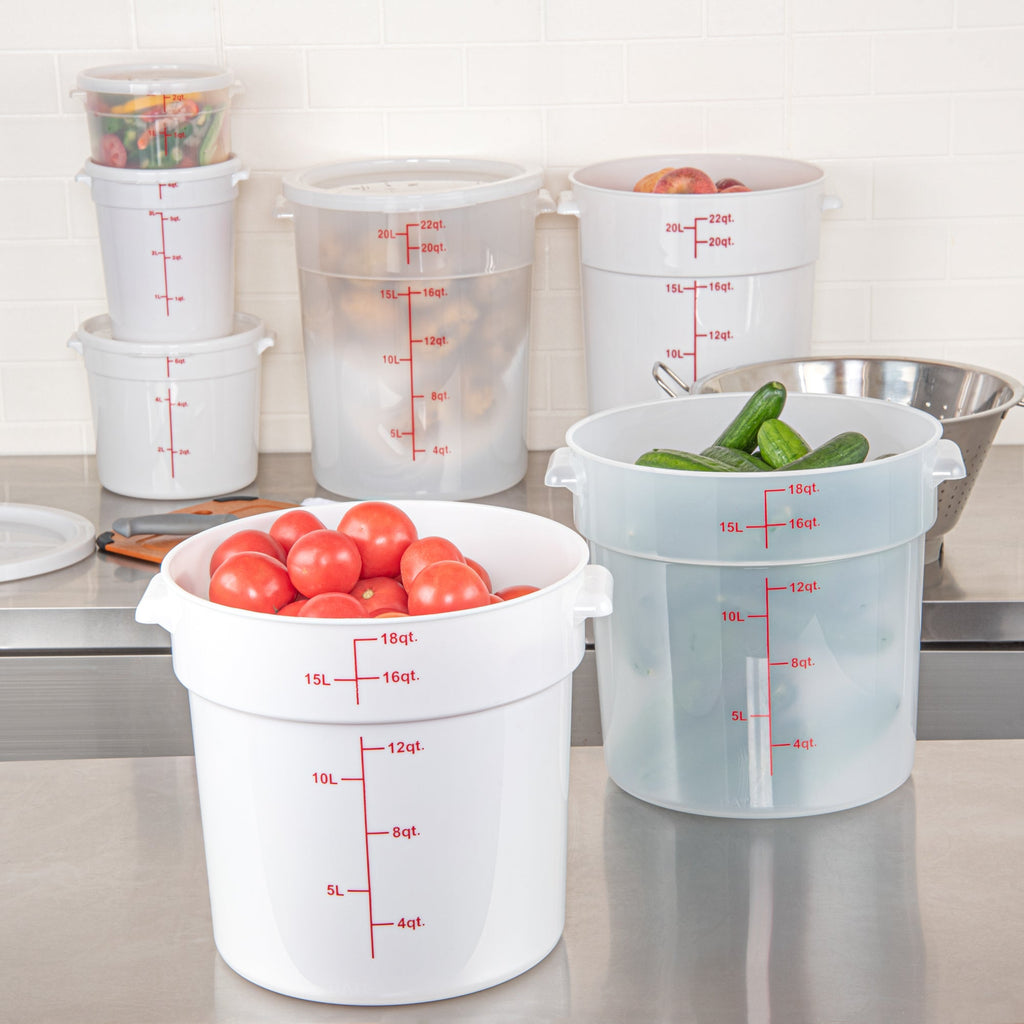 Met Lux 18 qt Round White Plastic Food Storage Container - with Red Volume Markers - 12 1/4" x 12 1/4" x 12" - 1 count box