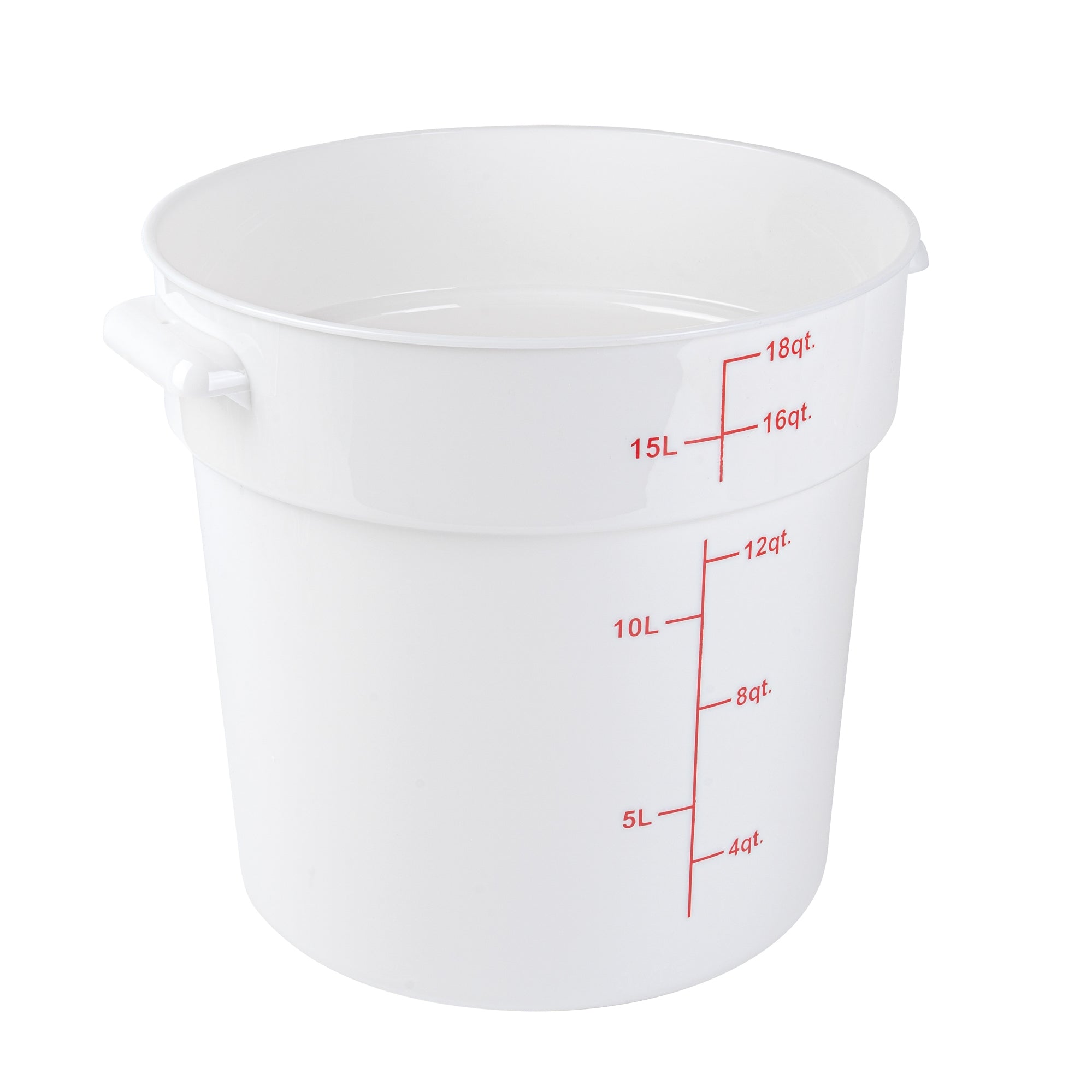 Met Lux 18 qt Round White Plastic Food Storage Container - with Red Volume Markers - 12 1/4" x 12 1/4" x 12" - 10 count box