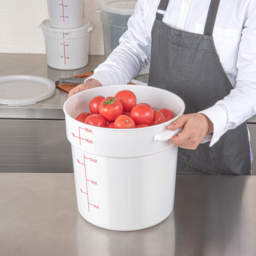 Met Lux 18 qt Round White Plastic Food Storage Container - with Red Volume Markers - 12 1/4" x 12 1/4" x 12" - 10 count box
