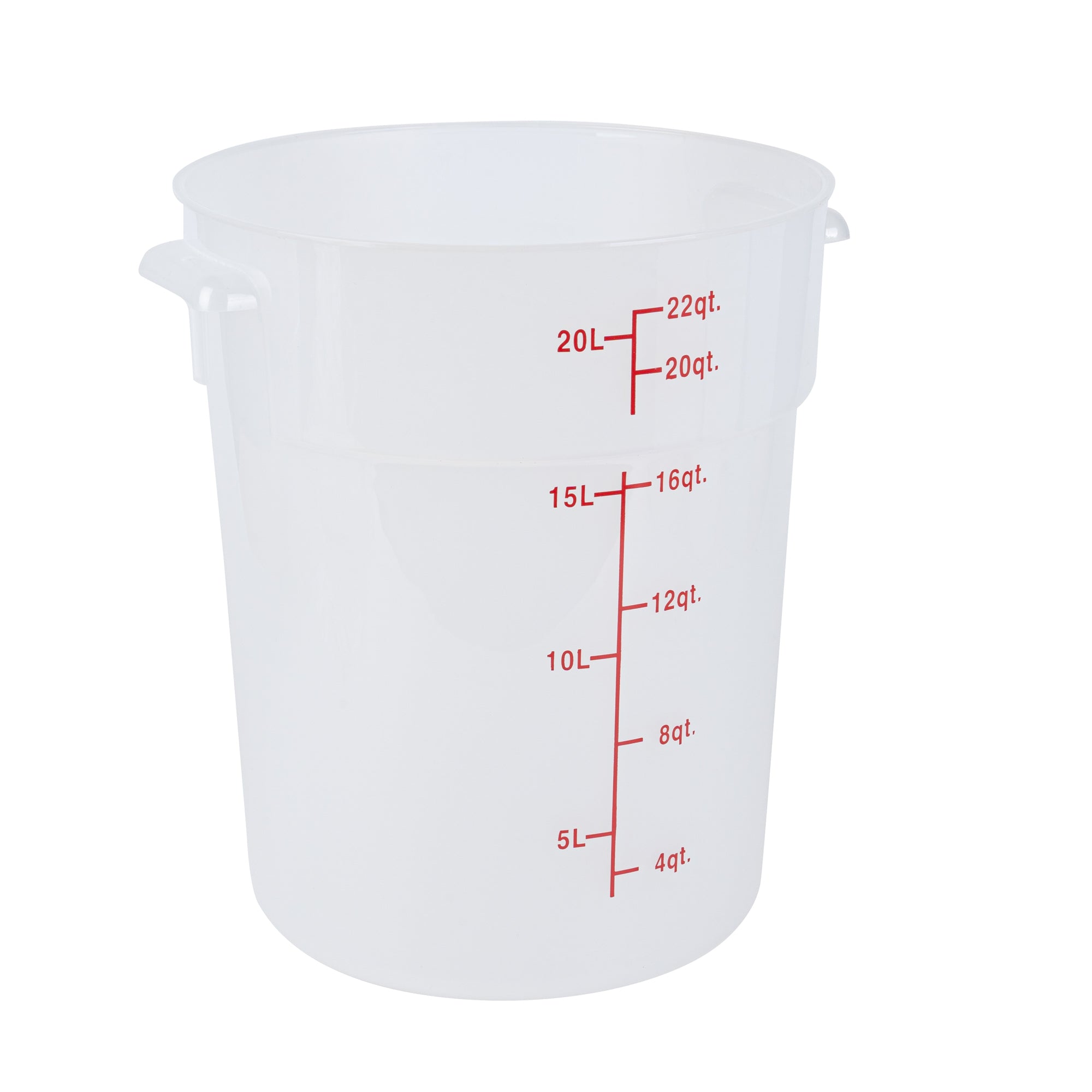Met Lux 22 qt Round Translucent Plastic Food Storage Container - with Red Volume Markers - 12 1/4" x 12 1/4" x 15" - 10 count box