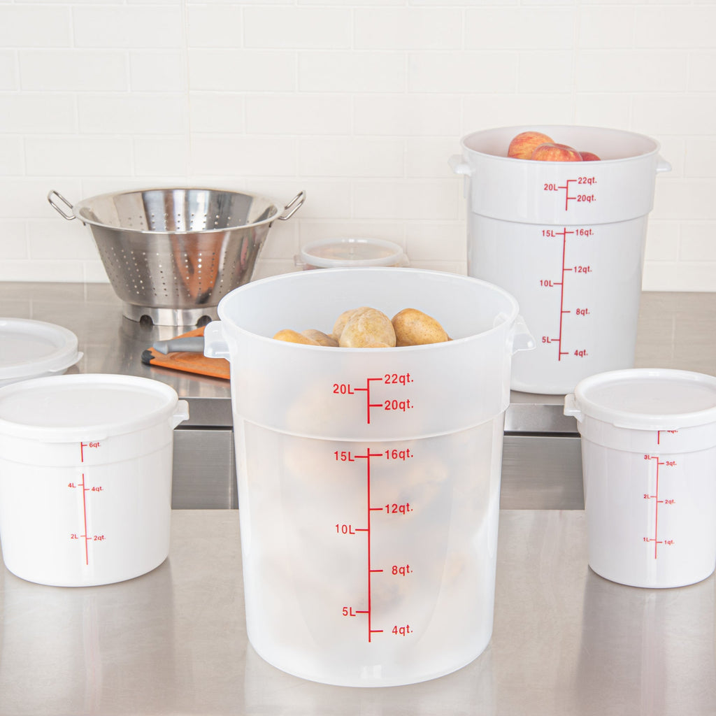 Met Lux 22 qt Round Translucent Plastic Food Storage Container - with Red Volume Markers - 12 1/4" x 12 1/4" x 15" - 10 count box