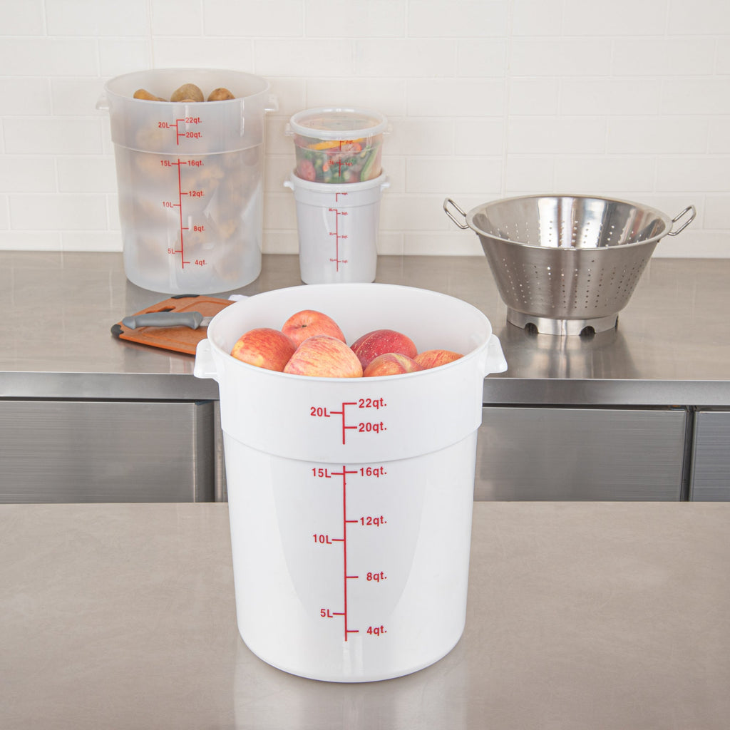 Met Lux 22 qt Round White Plastic Food Storage Container - with Red Volume Markers - 12 1/4" x 12 1/4" x 15" - 10 count box