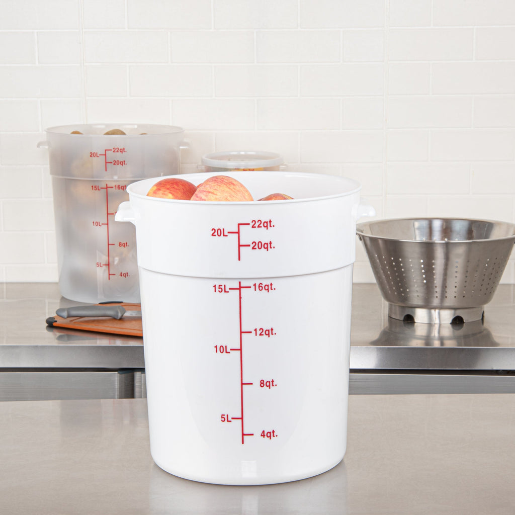 Met Lux 22 qt Round White Plastic Food Storage Container - with Red Volume Markers - 12 1/4" x 12 1/4" x 15" - 10 count box