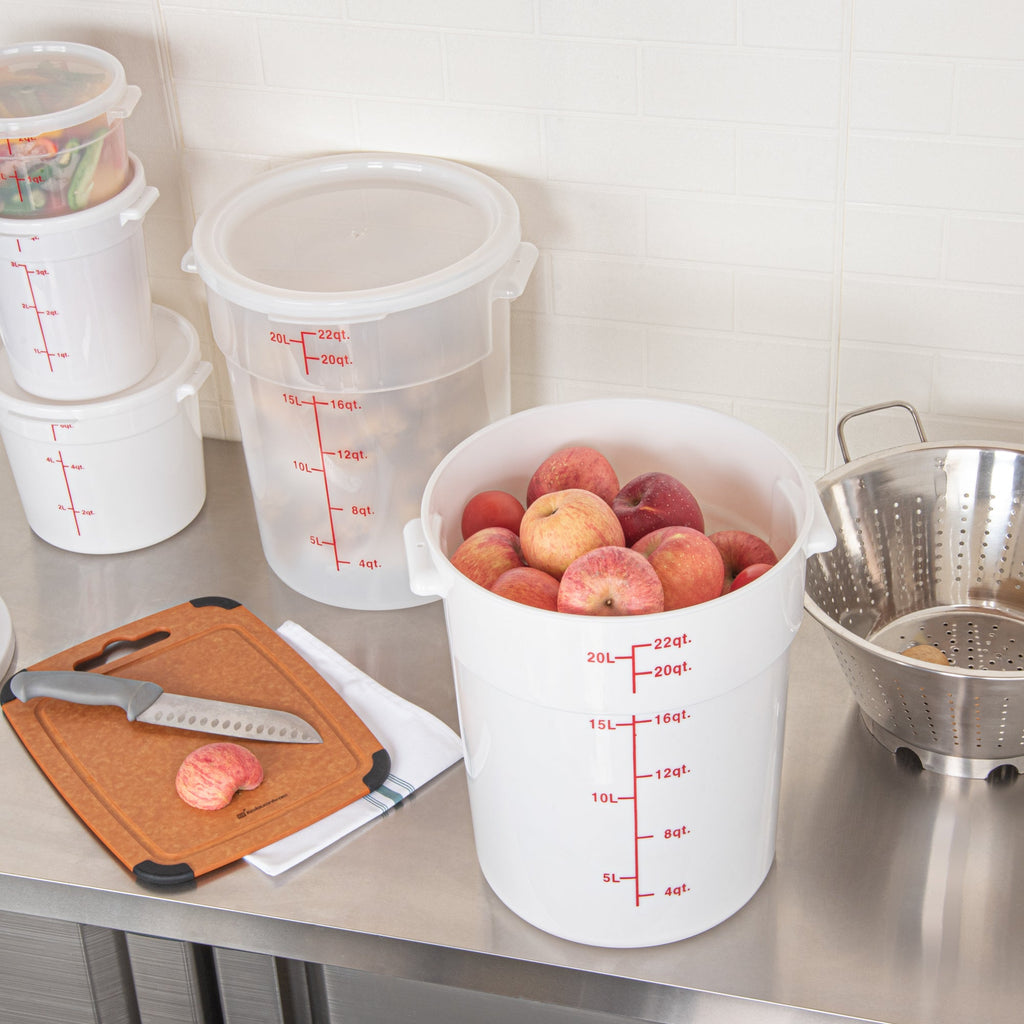 Met Lux 22 qt Round White Plastic Food Storage Container - with Red Volume Markers - 12 1/4" x 12 1/4" x 15" - 10 count box