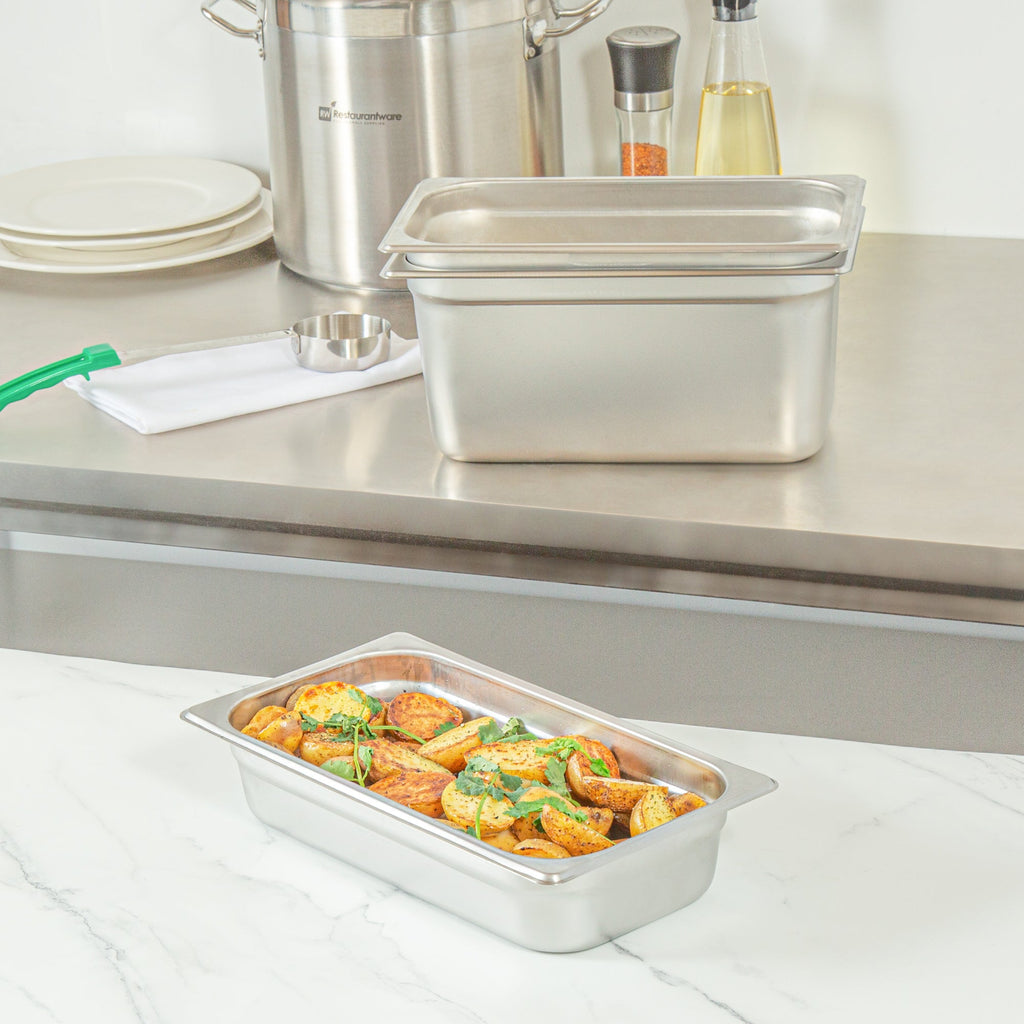 Kitchen Tek Stainless Steel 1/3 Size Steam Table Pan - 2 1/2 Inch Deep, Anti Jam, 24 Gauge - 12 count box