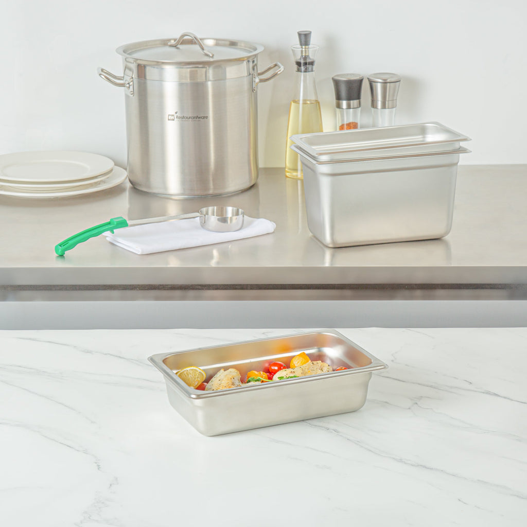 Kitchen Tek Stainless Steel 1/4 Size Steam Table Pan - 2 1/2 Inch Deep, Anti Jam, 24 Gauge - 12 count box