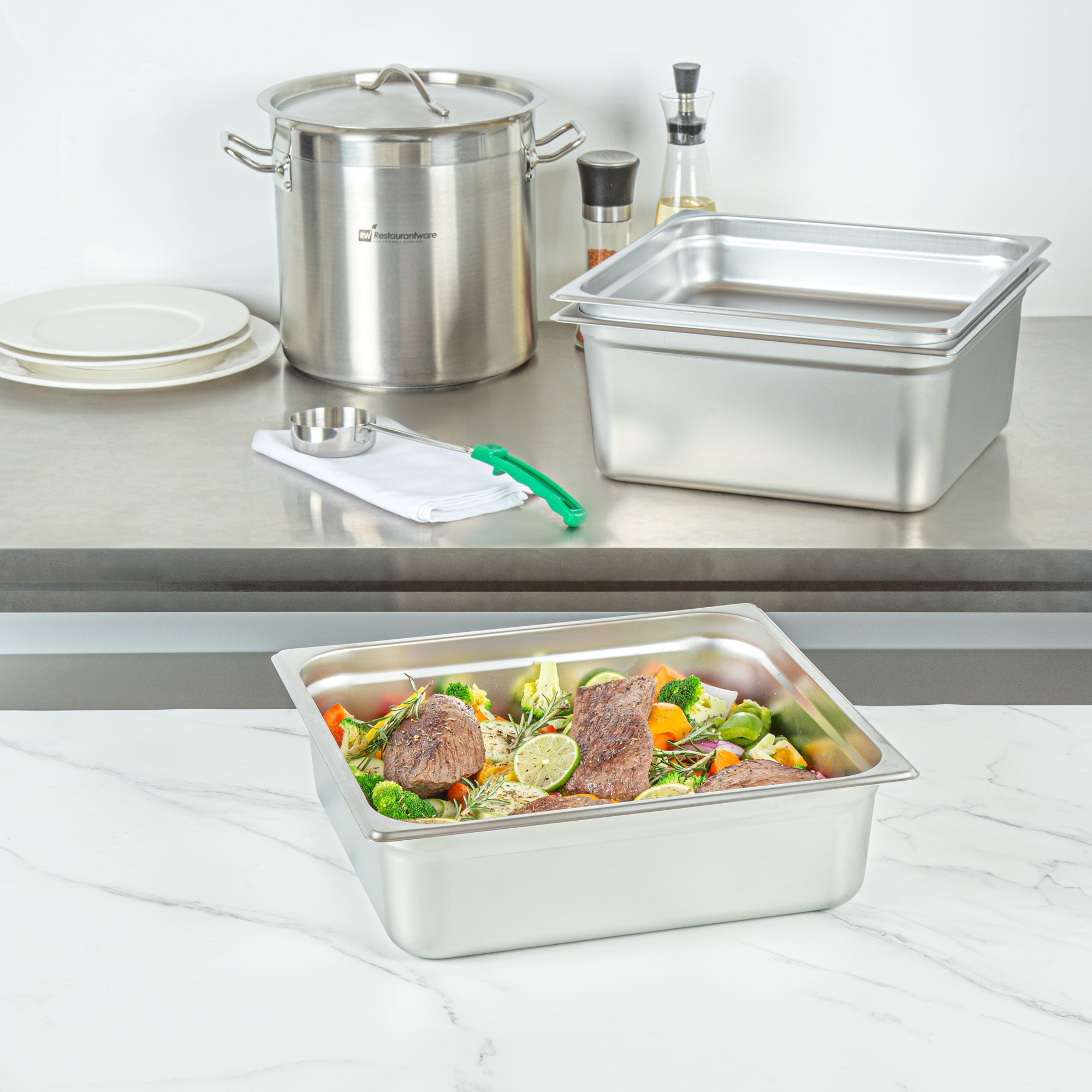Kitchen Tek Stainless Steel 2/3 Size Steam Table Pan - 4 Inch Deep, Anti Jam, 24 Gauge - 6 count box
