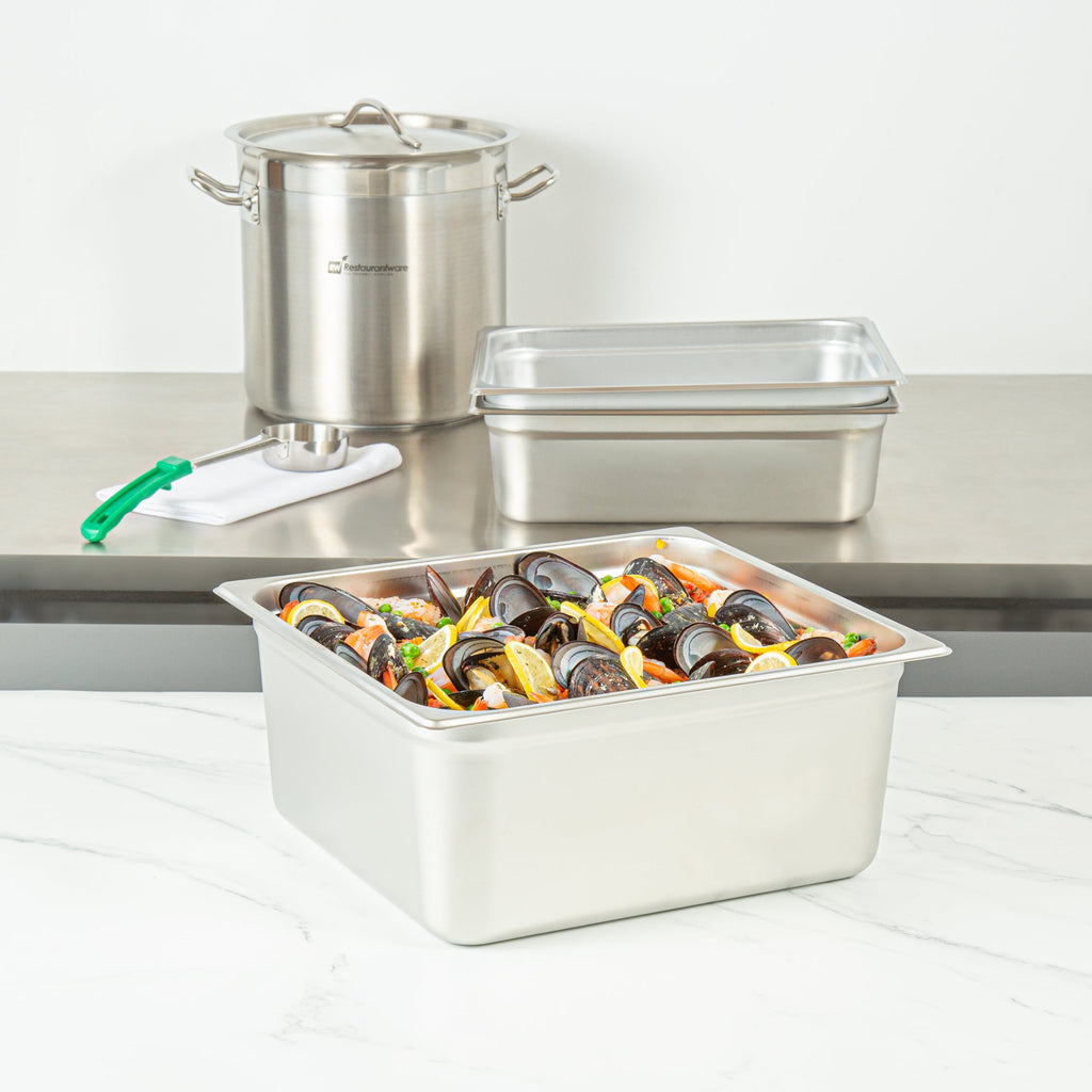 Kitchen Tek Stainless Steel 2/3 Size Steam Table Pan - 6 Inch Deep, Anti Jam, 24 Gauge - 6 count box