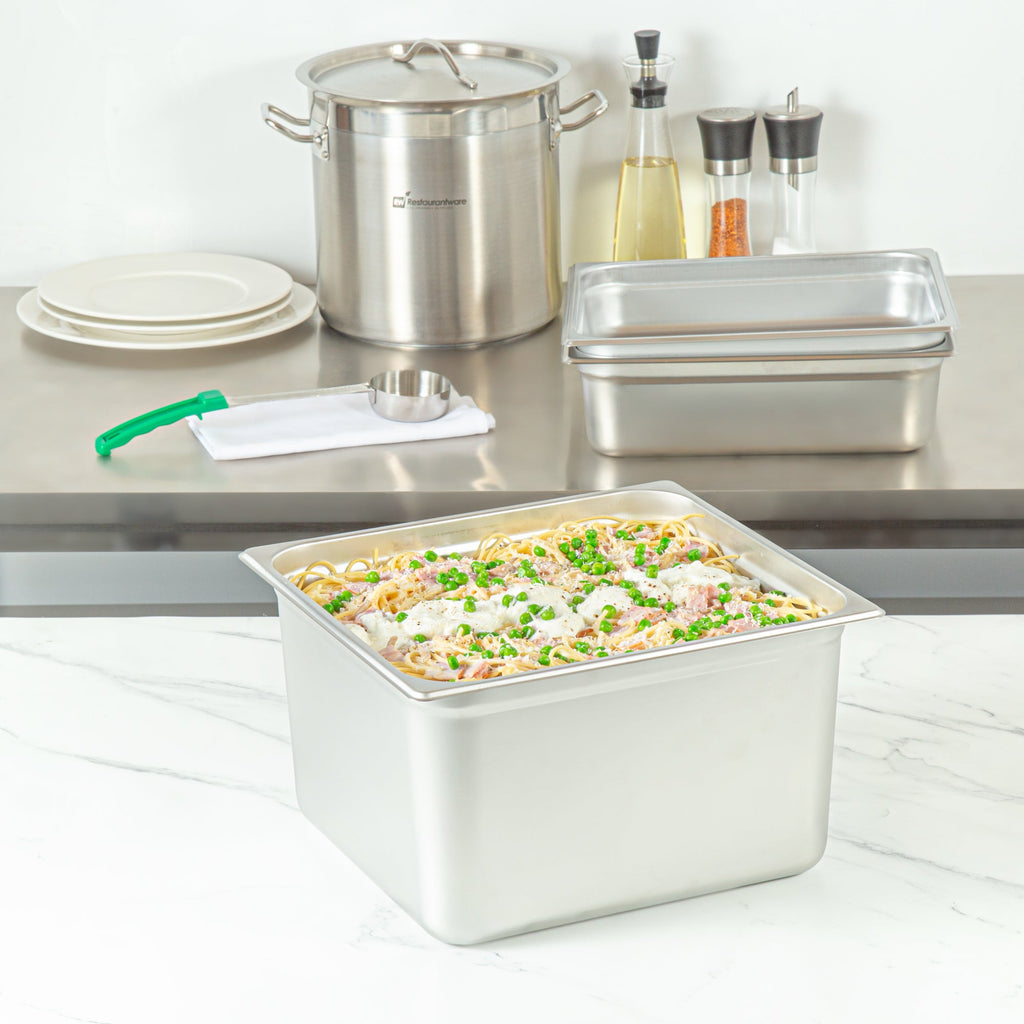 Kitchen Tek Stainless Steel 2/3 Size Steam Table Pan - 8 Inch Deep, Anti Jam, 24 Gauge - 6 count box