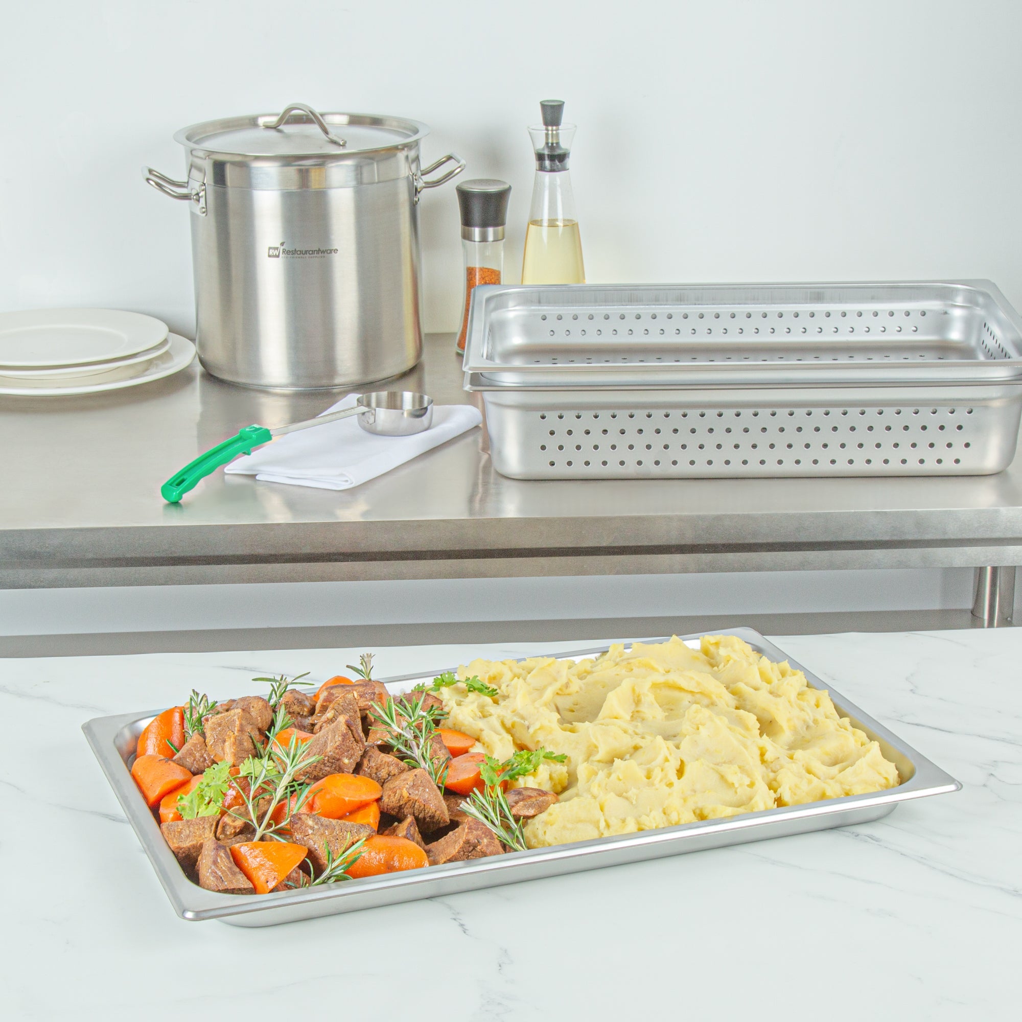 Kitchen Tek Stainless Steel Full Size Steam Table Pan - 1 1/4 Inch Deep, Perforated, Anti Jam, 24 Gauge - 12 count box