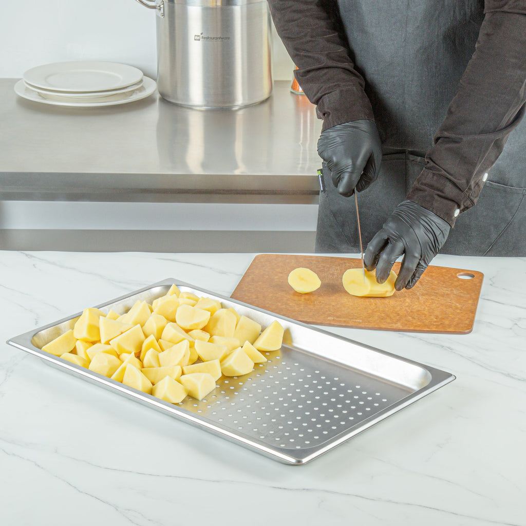 Kitchen Tek Stainless Steel Full Size Steam Table Pan - 1 1/4 Inch Deep, Perforated, Anti Jam, 24 Gauge - 12 count box