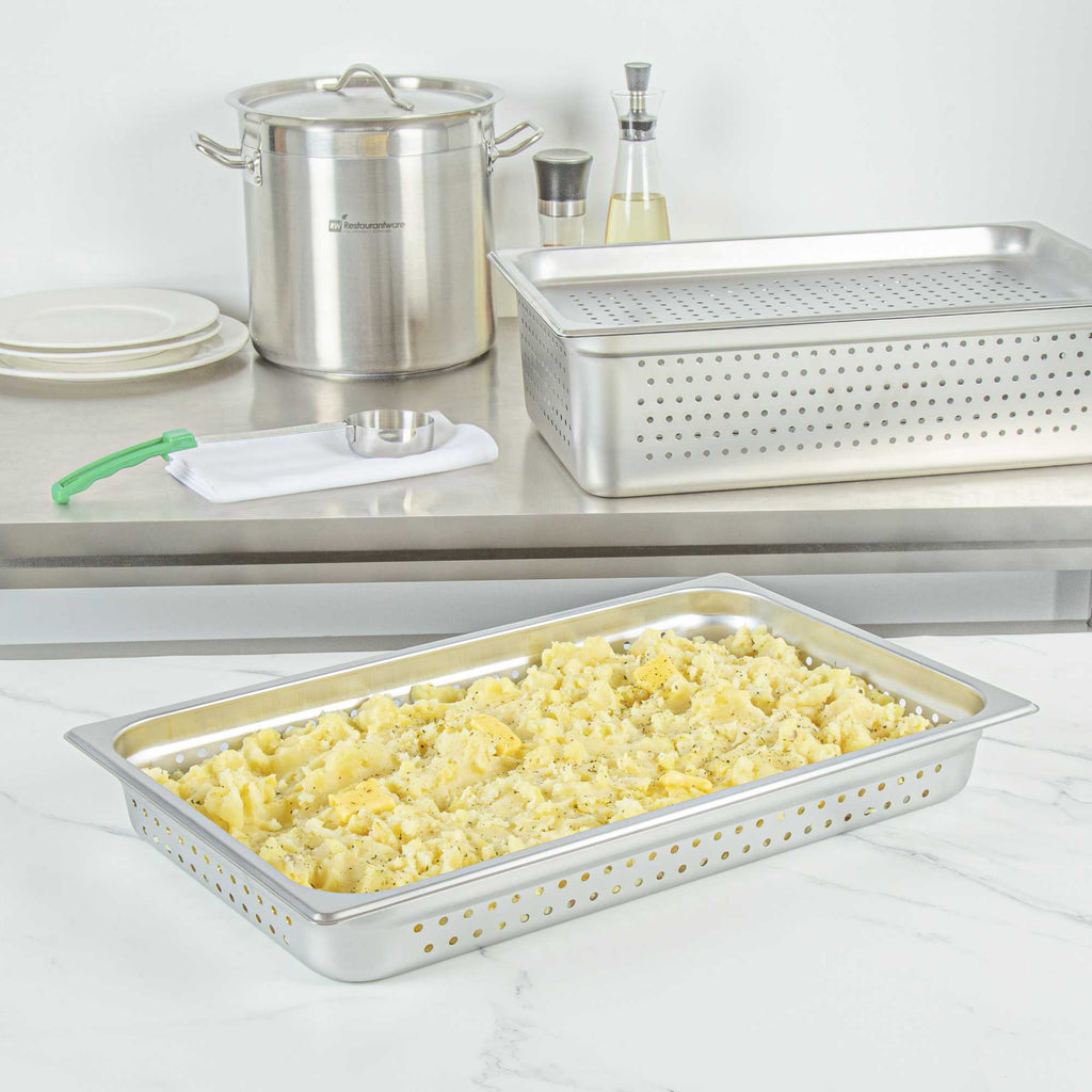 Kitchen Tek Stainless Steel Full Size Steam Table Pan - 2 1/2 Inch Deep, Perforated, Anti Jam, 24 Gauge - 1 count box