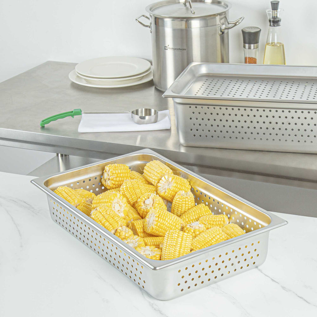 Kitchen Tek Stainless Steel Full Size Steam Table Pan - 4 Inch Deep, Perforated, Anti Jam, 24 Gauge - 1 count box