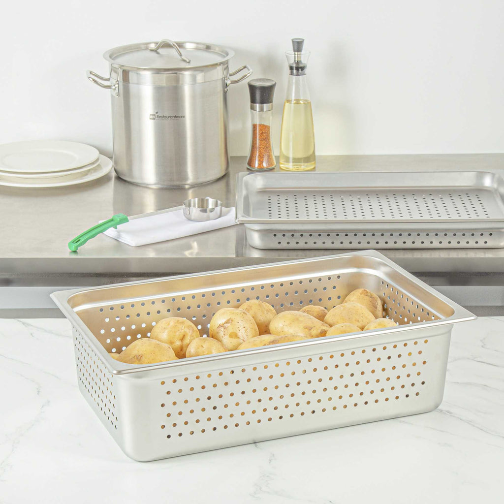 Kitchen Tek Stainless Steel Full Size Steam Table Pan - 6 Inch Deep, Perforated, Anti Jam, 24 Gauge - 1 count box
