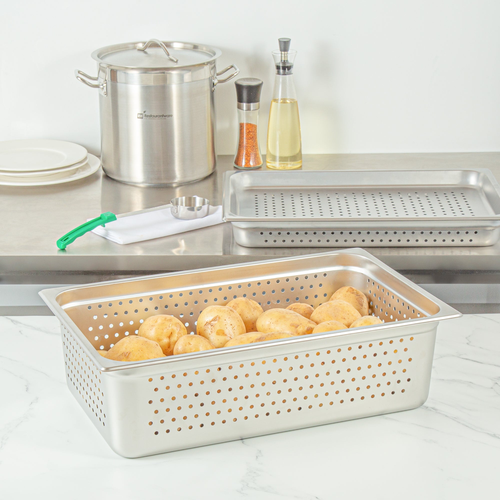Kitchen Tek Stainless Steel Full Size Steam Table Pan - 6 Inch Deep, Perforated, Anti Jam, 24 Gauge - 6 count box