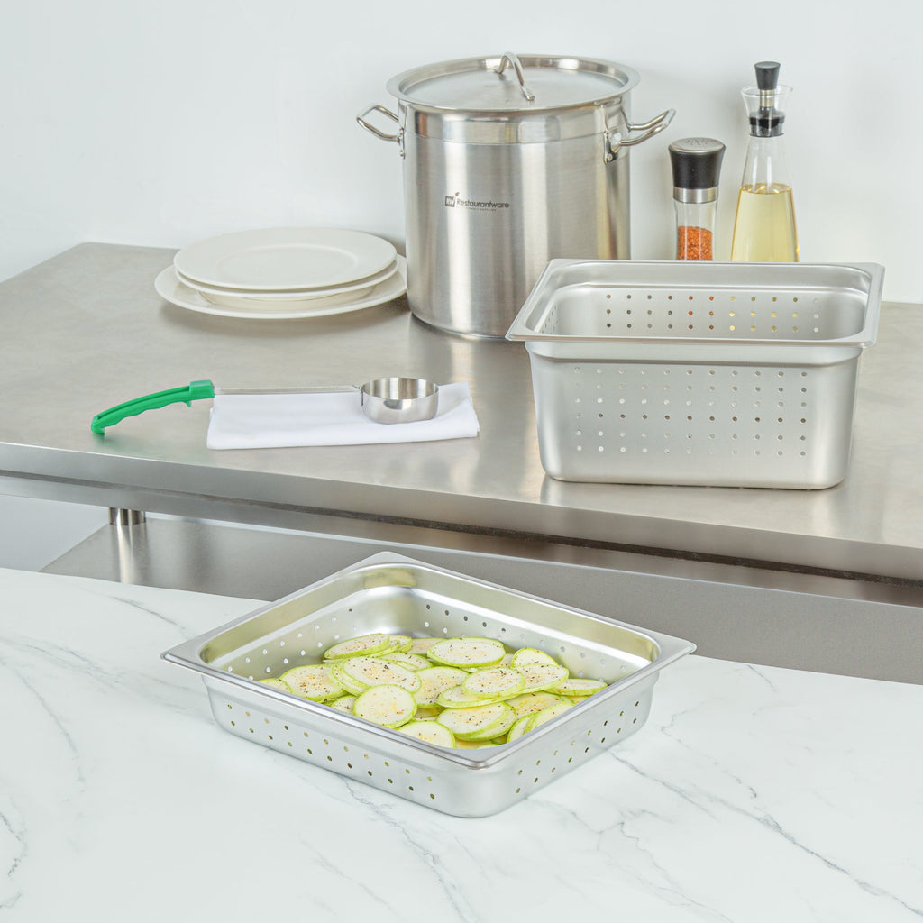 Kitchen Tek Stainless Steel 1/2 Size Steam Table Pan - 2 1/2 Inch Deep, Perforated, Anti Jam, 24 Gauge - 12 count box